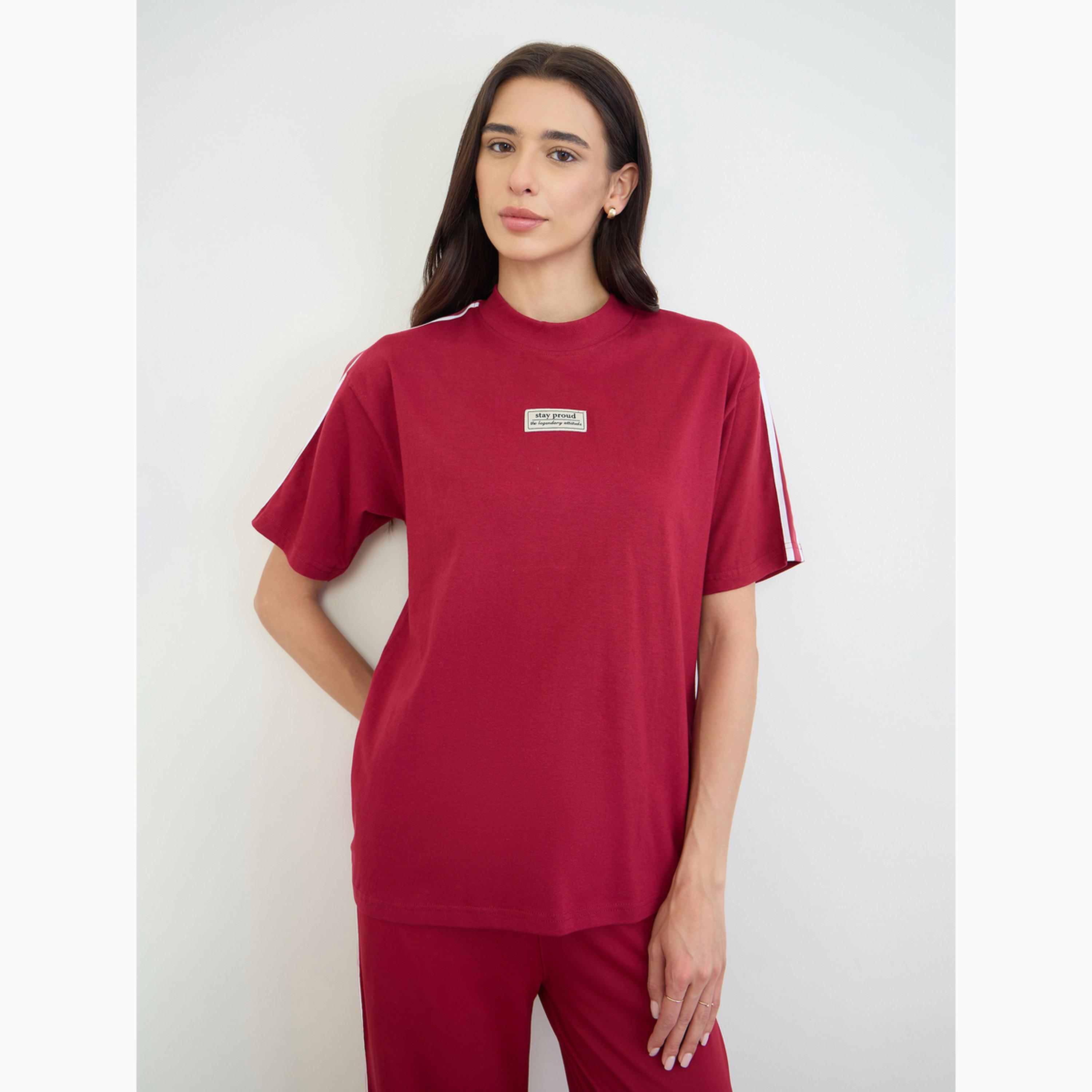 Styli Burgundy Badge Detail Oversized T-Shirt-women-clothing-tshirts-image-1