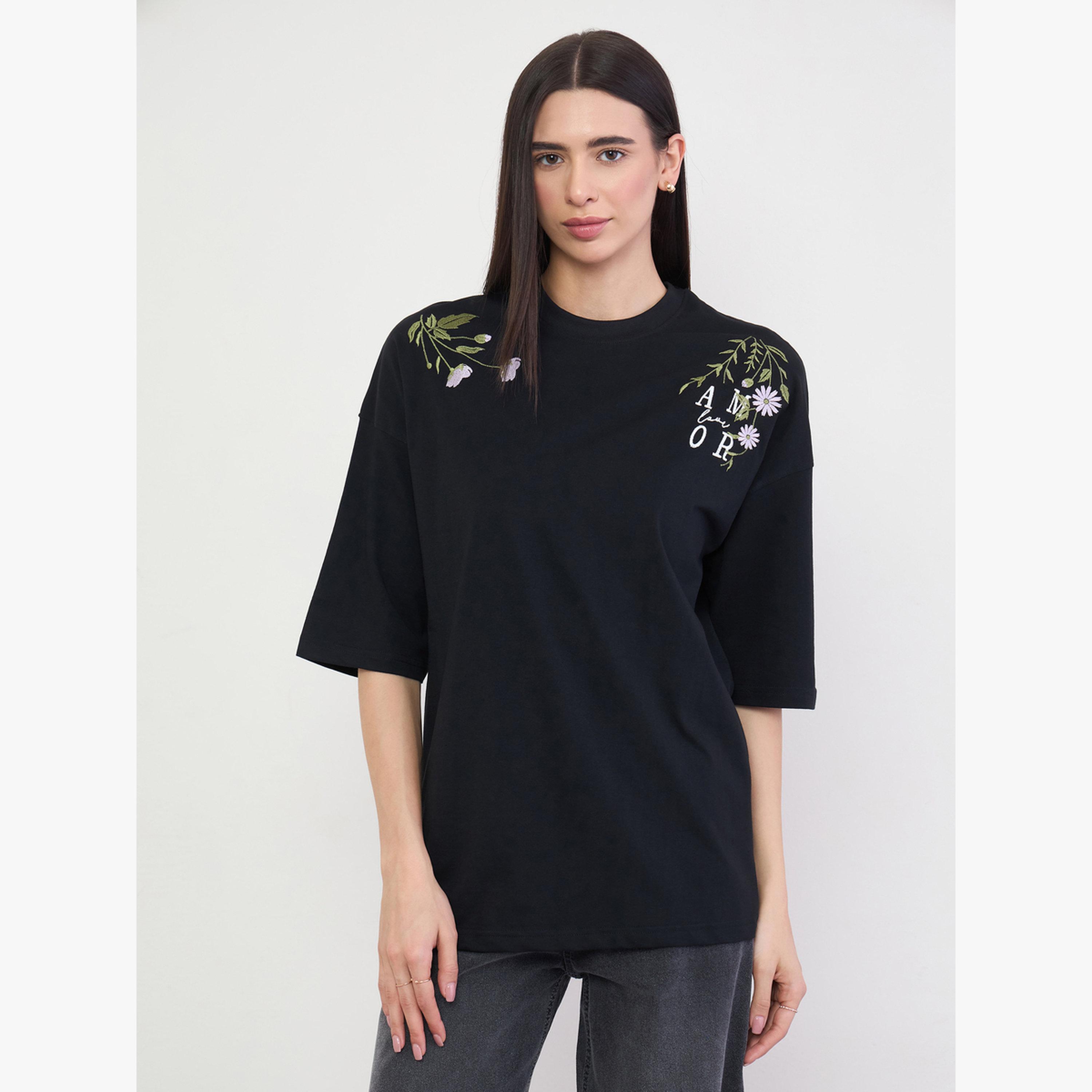 Styli Black Embroidered Oversized Cotton T-Shirt-women-clothing-tshirts-image-1