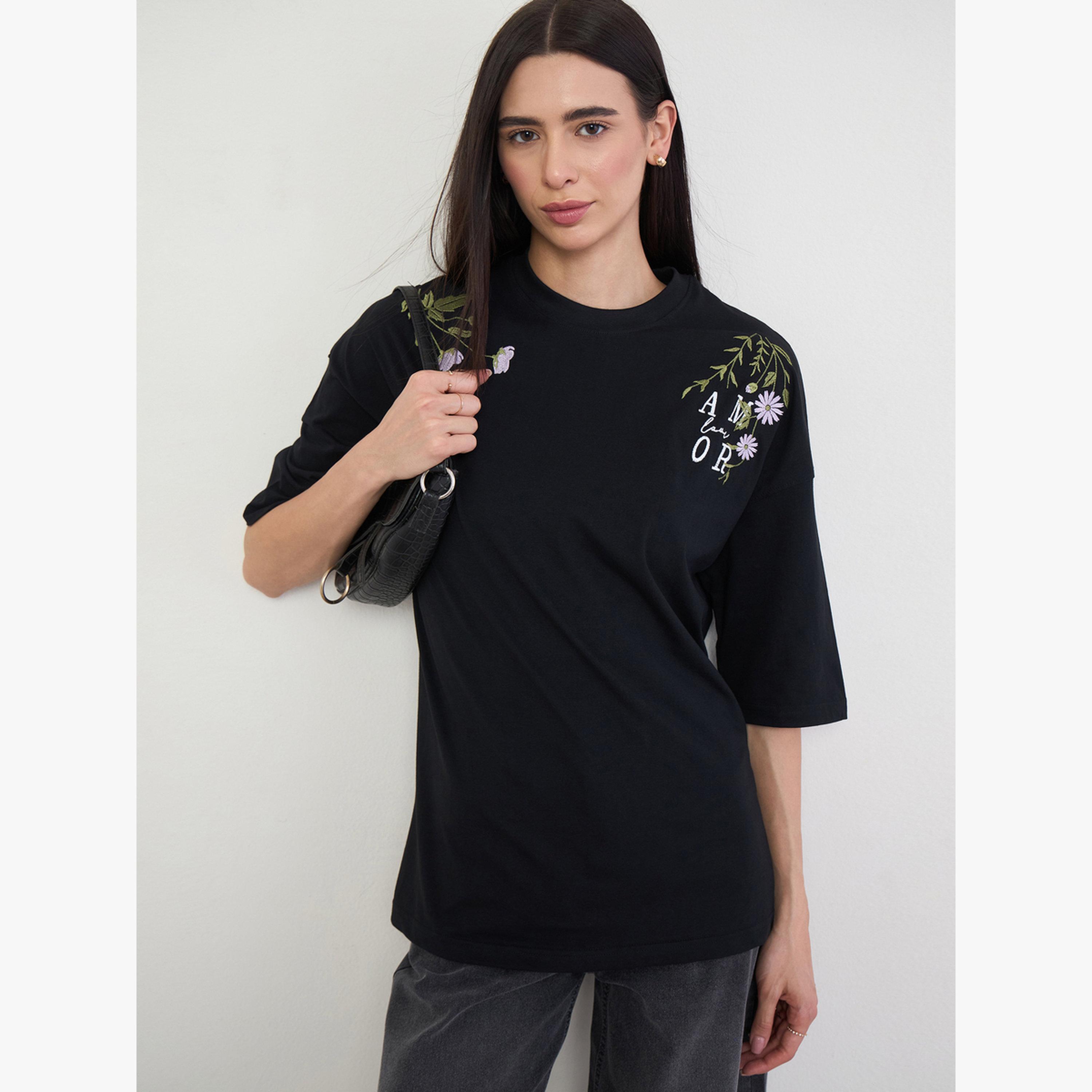 Styli Black Embroidered Oversized Cotton T-Shirt-women-clothing-tshirts-image-3