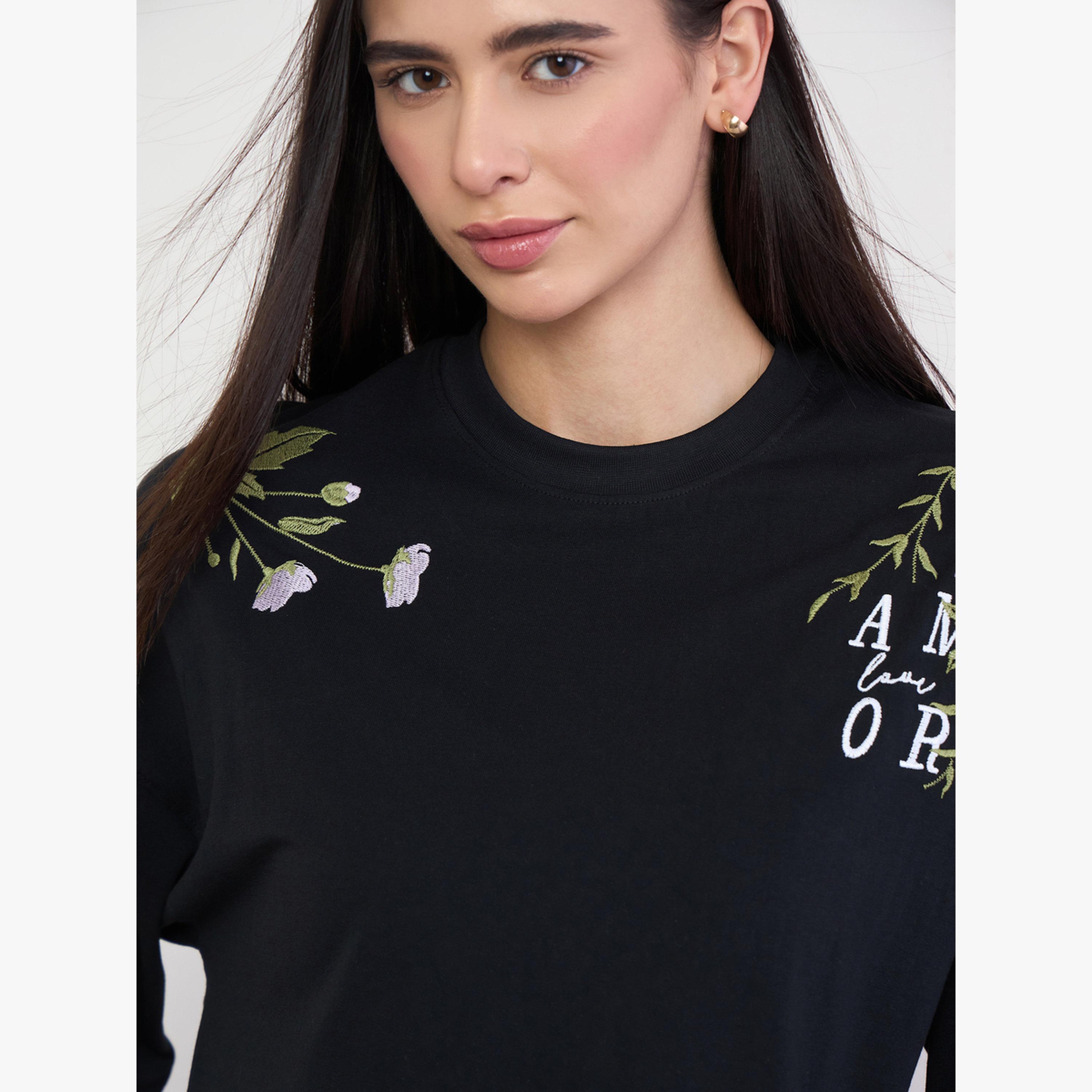 Styli Black Embroidered Oversized Cotton T-Shirt-women-clothing-tshirts-image-5