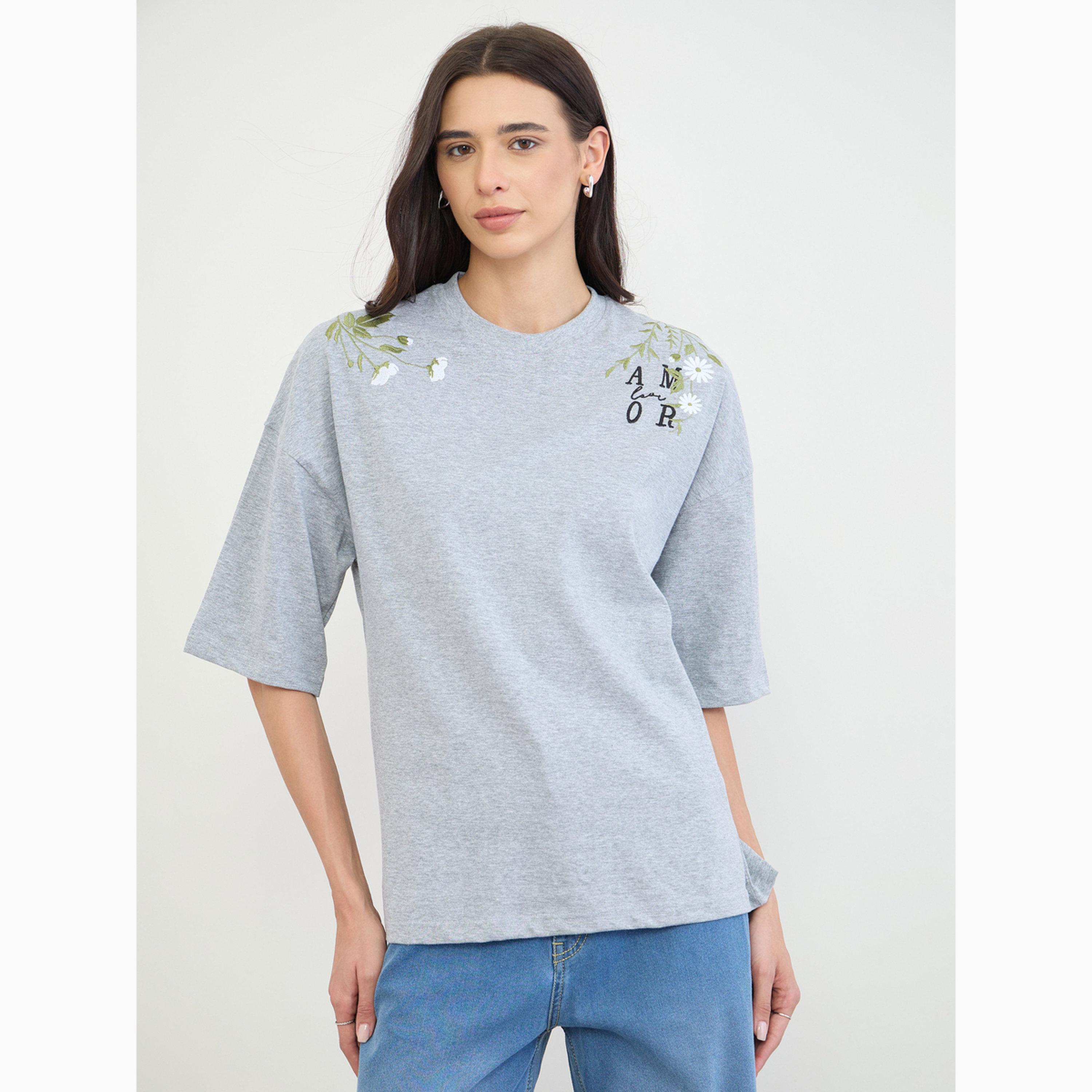 Styli Grey Embroidered Oversized Cotton T-Shirt-women-clothing-tshirts-image-1