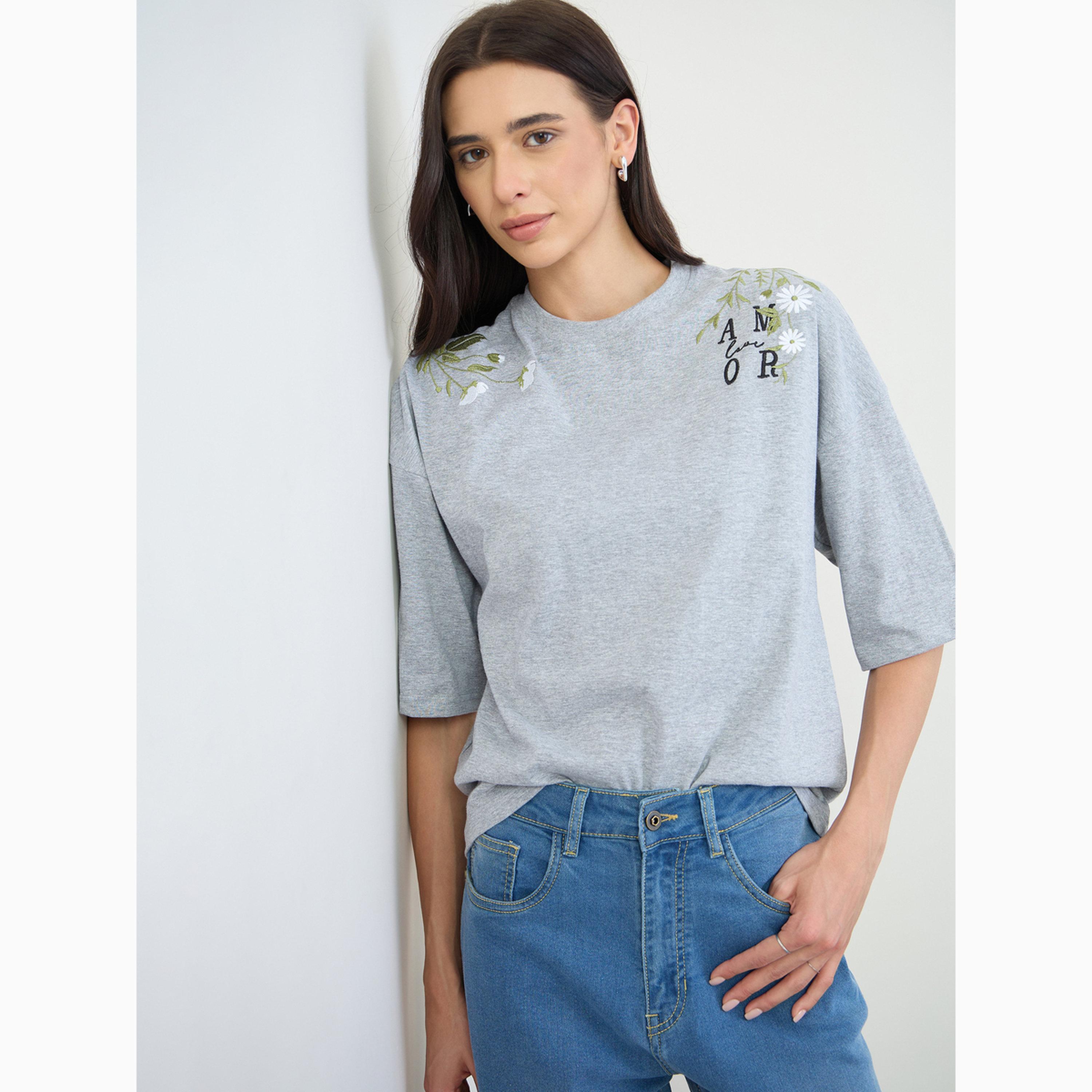 Styli Grey Embroidered Oversized Cotton T-Shirt-women-clothing-tshirts-image-3