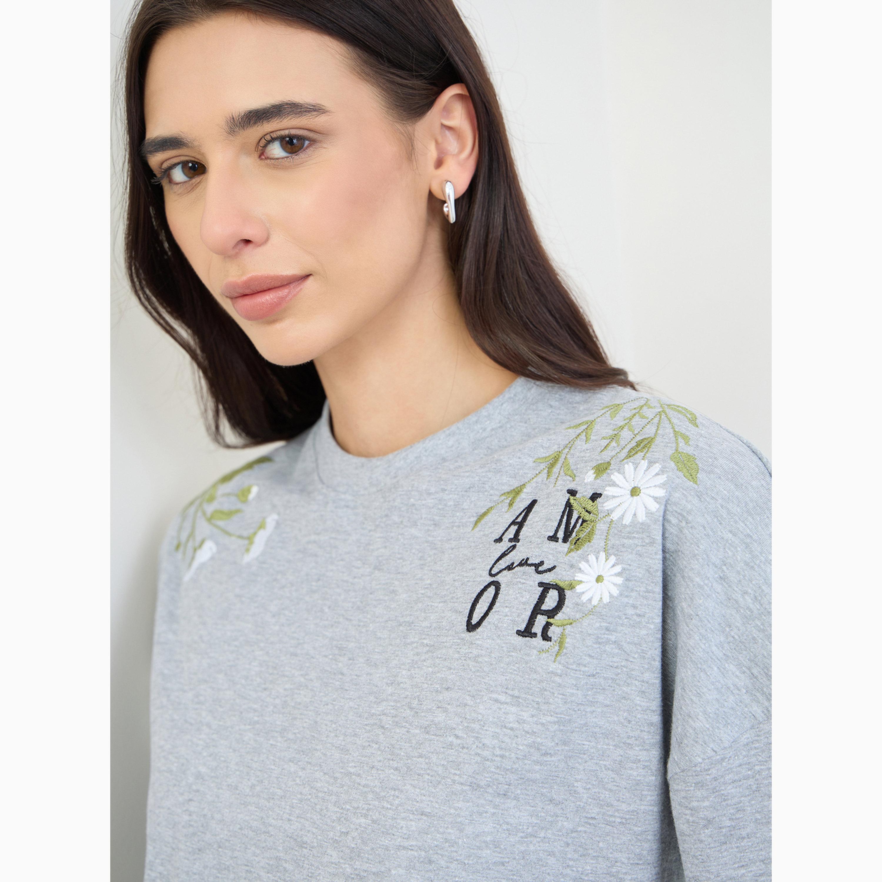 Styli Grey Embroidered Oversized Cotton T-Shirt-women-clothing-tshirts-image-4