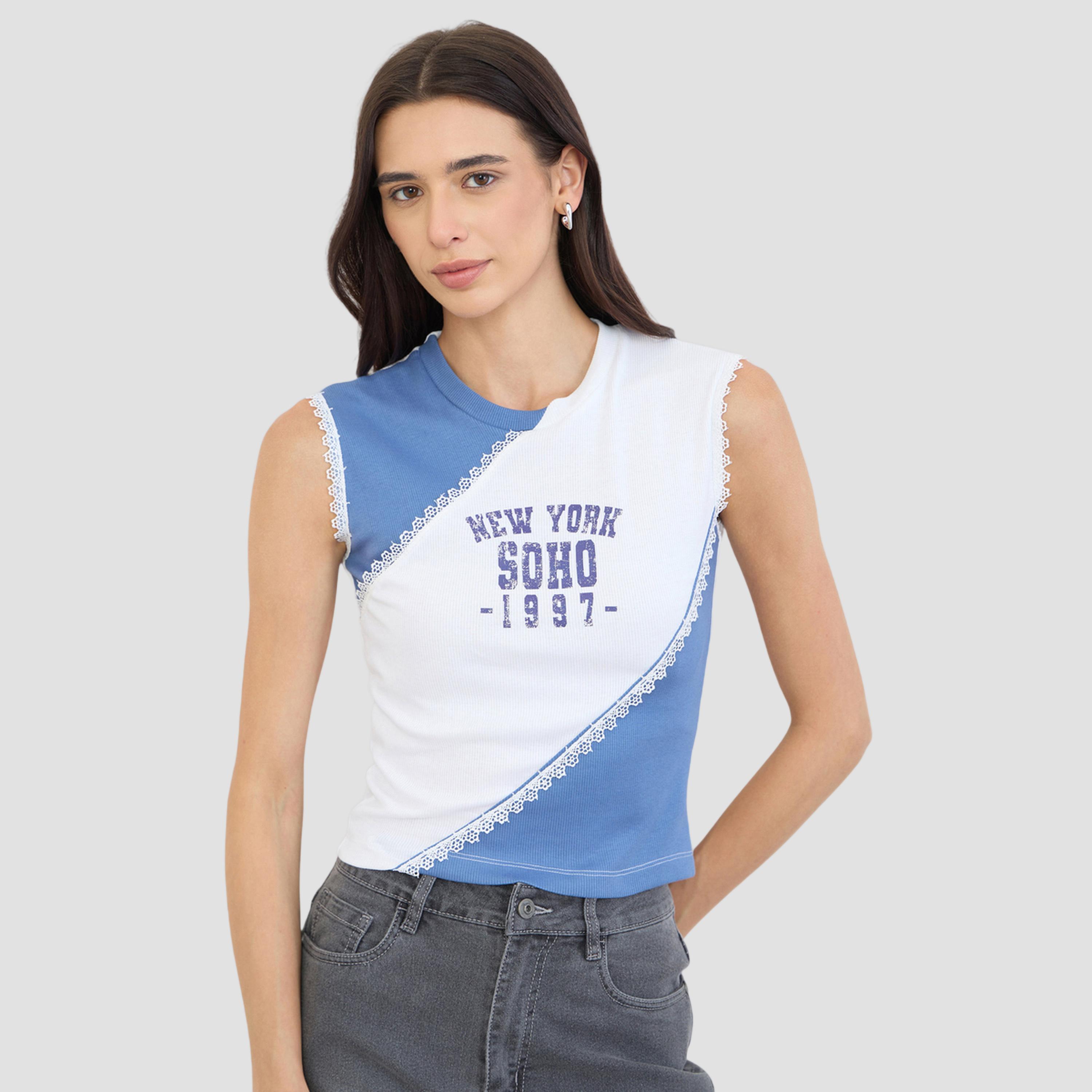 بلوزة بلا أكمام بنمط كتل الالوان وطبعة شعار مع دانتيل-women-clothing-tshirts-image-1