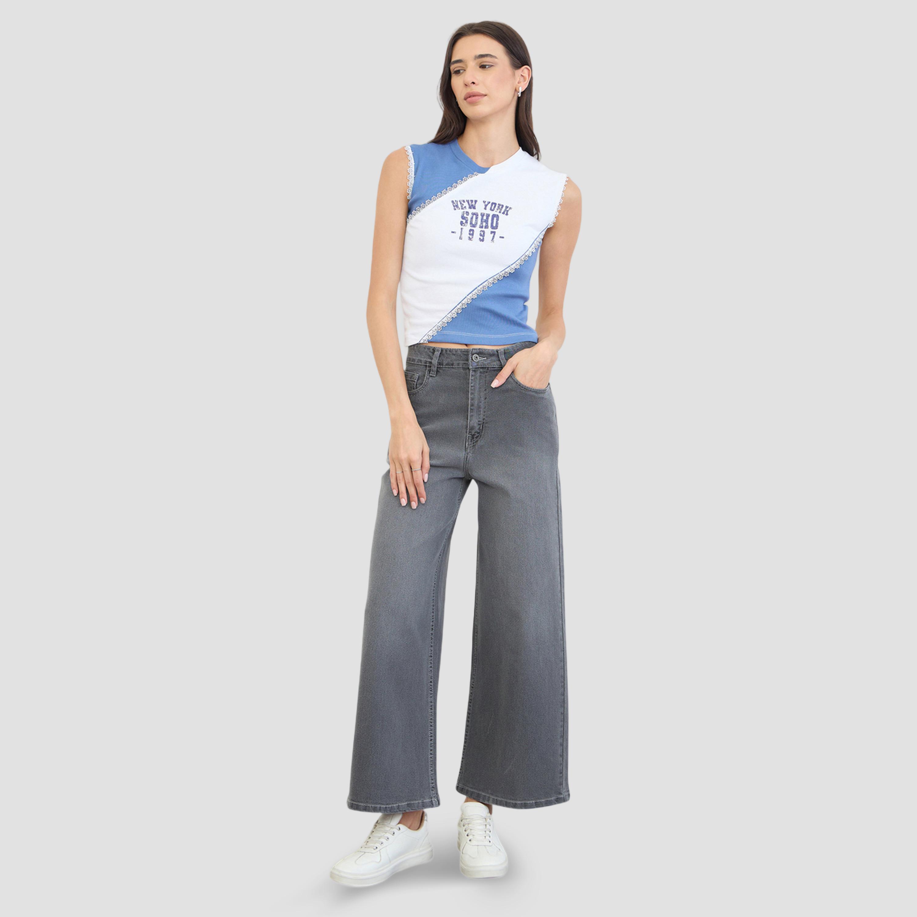 بلوزة بلا أكمام بنمط كتل الالوان وطبعة شعار مع دانتيل-women-clothing-tshirts-image-2