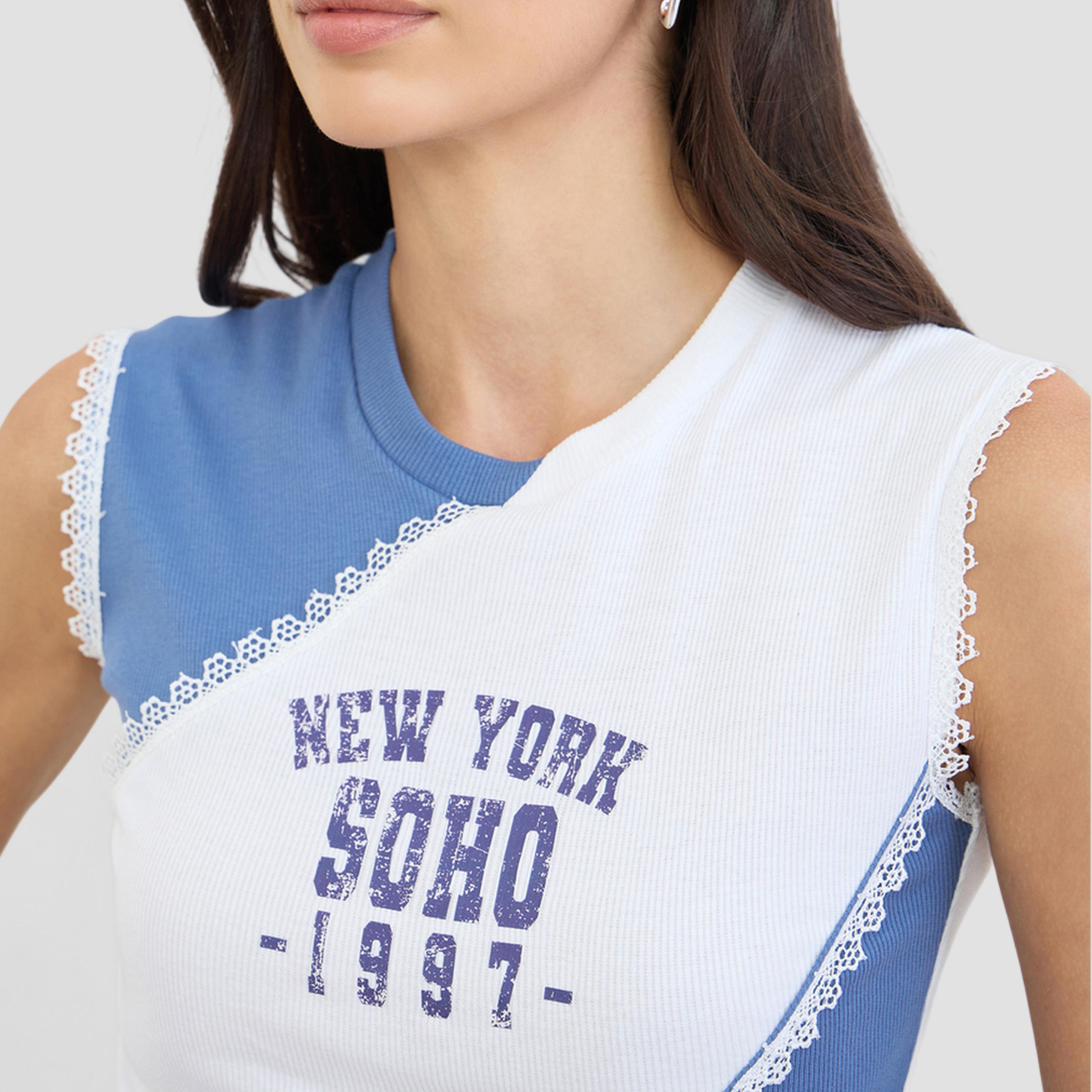 بلوزة بلا أكمام بنمط كتل الالوان وطبعة شعار مع دانتيل-women-clothing-tshirts-image-4