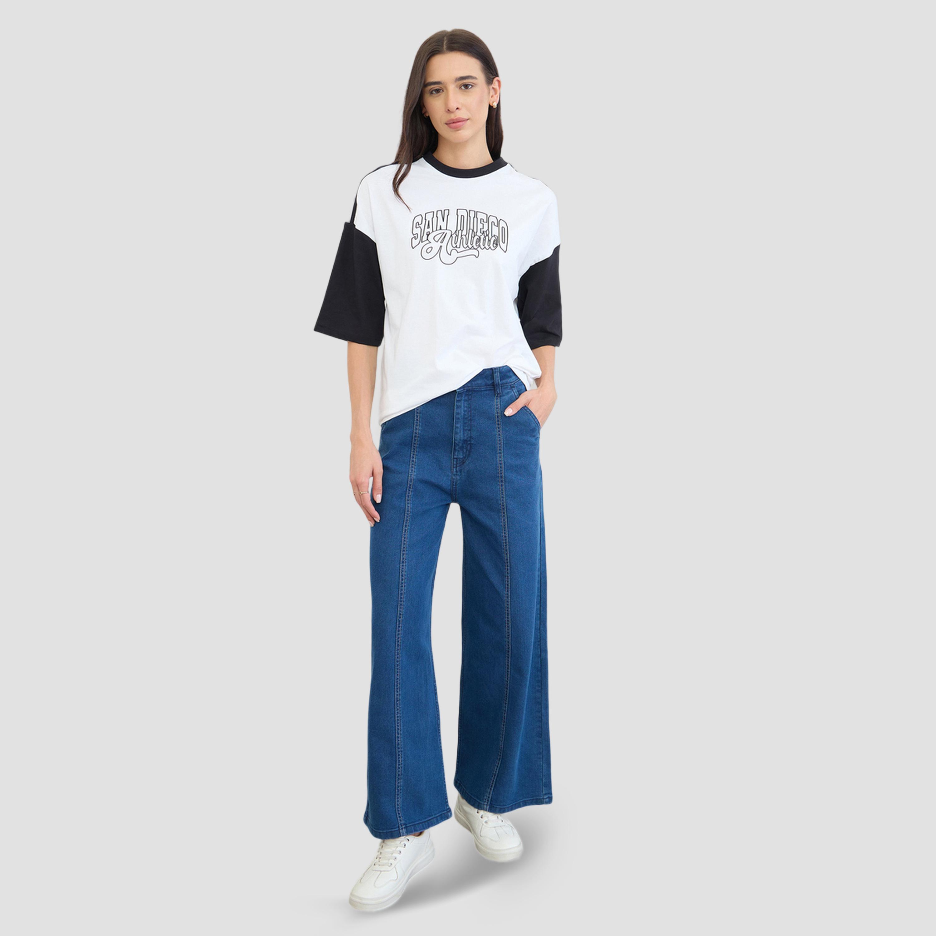 تيشيرت بقصة واسعة مطبوع بنمط كتل الالوان-women-clothing-tshirts-image-2
