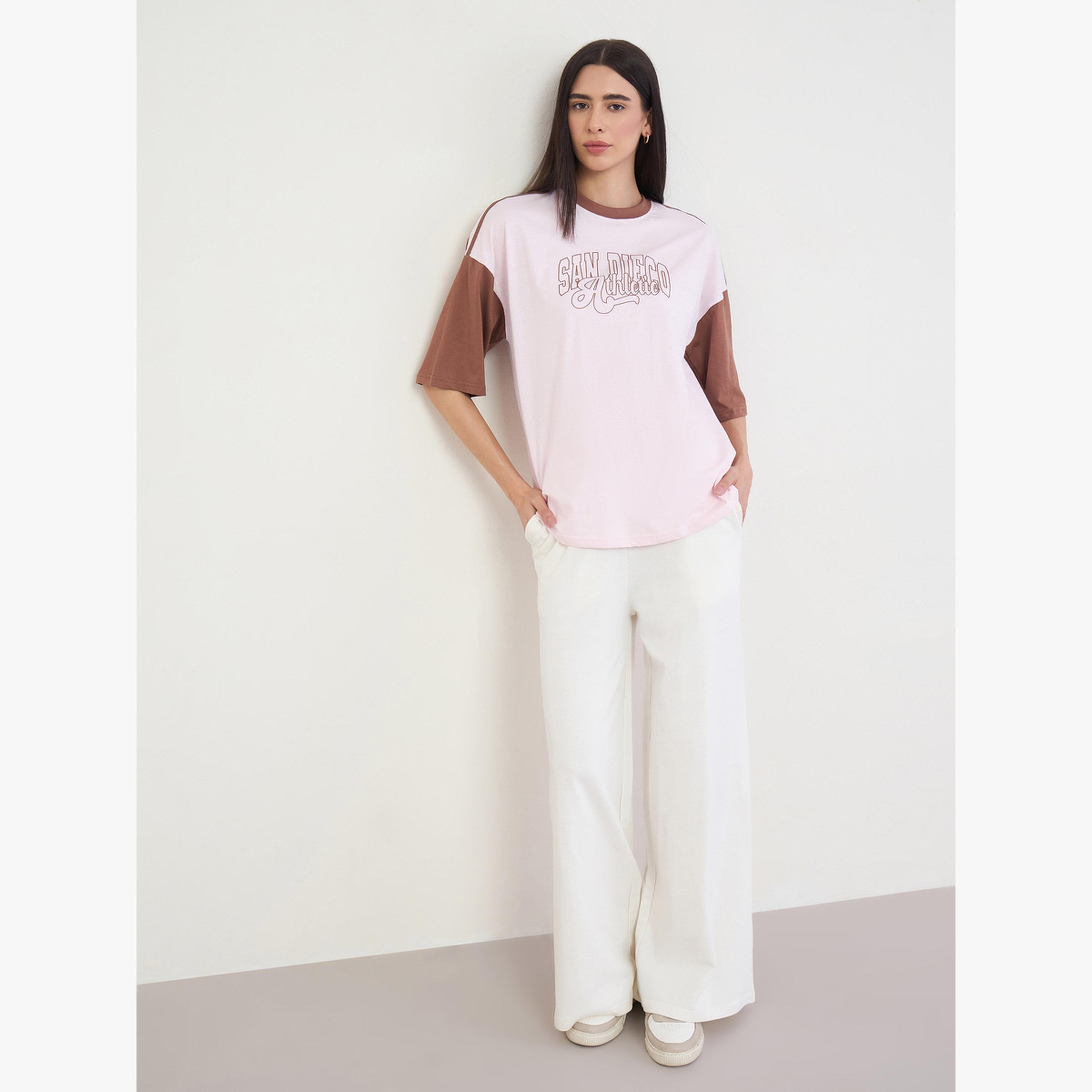 Styli Pink Oversized Color Block Printed T-Shirt-women-clothing-tshirts-image-2