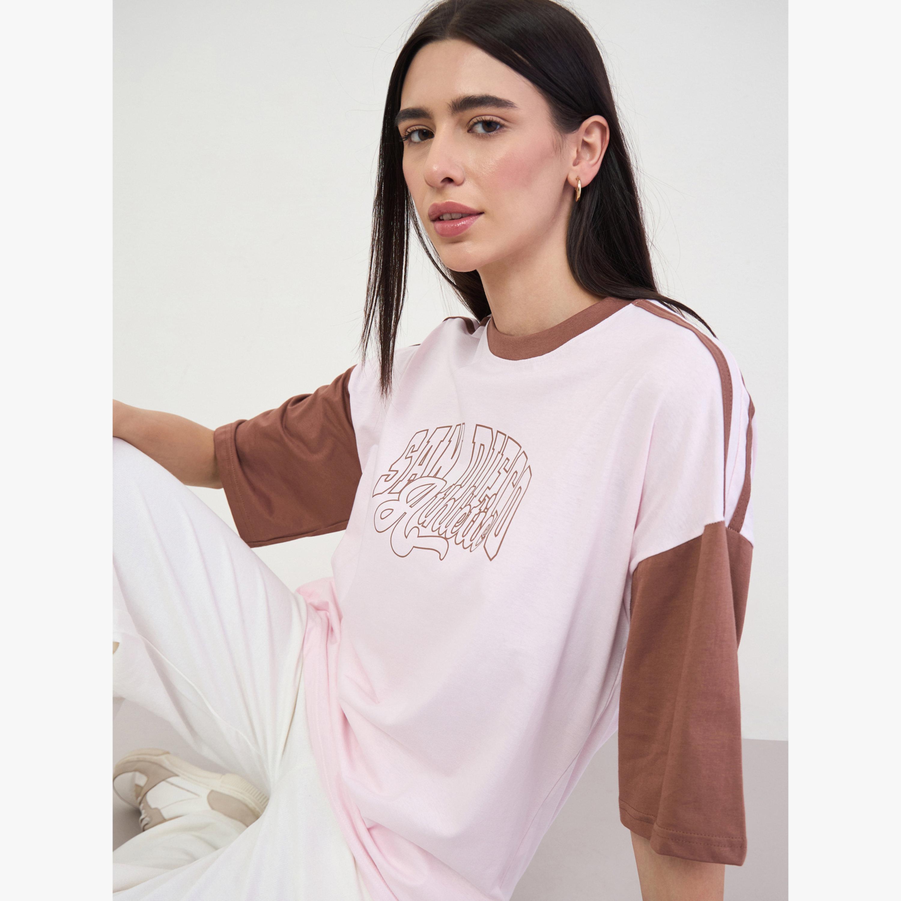 Styli Pink Oversized Color Block Printed T-Shirt-women-clothing-tshirts-image-3