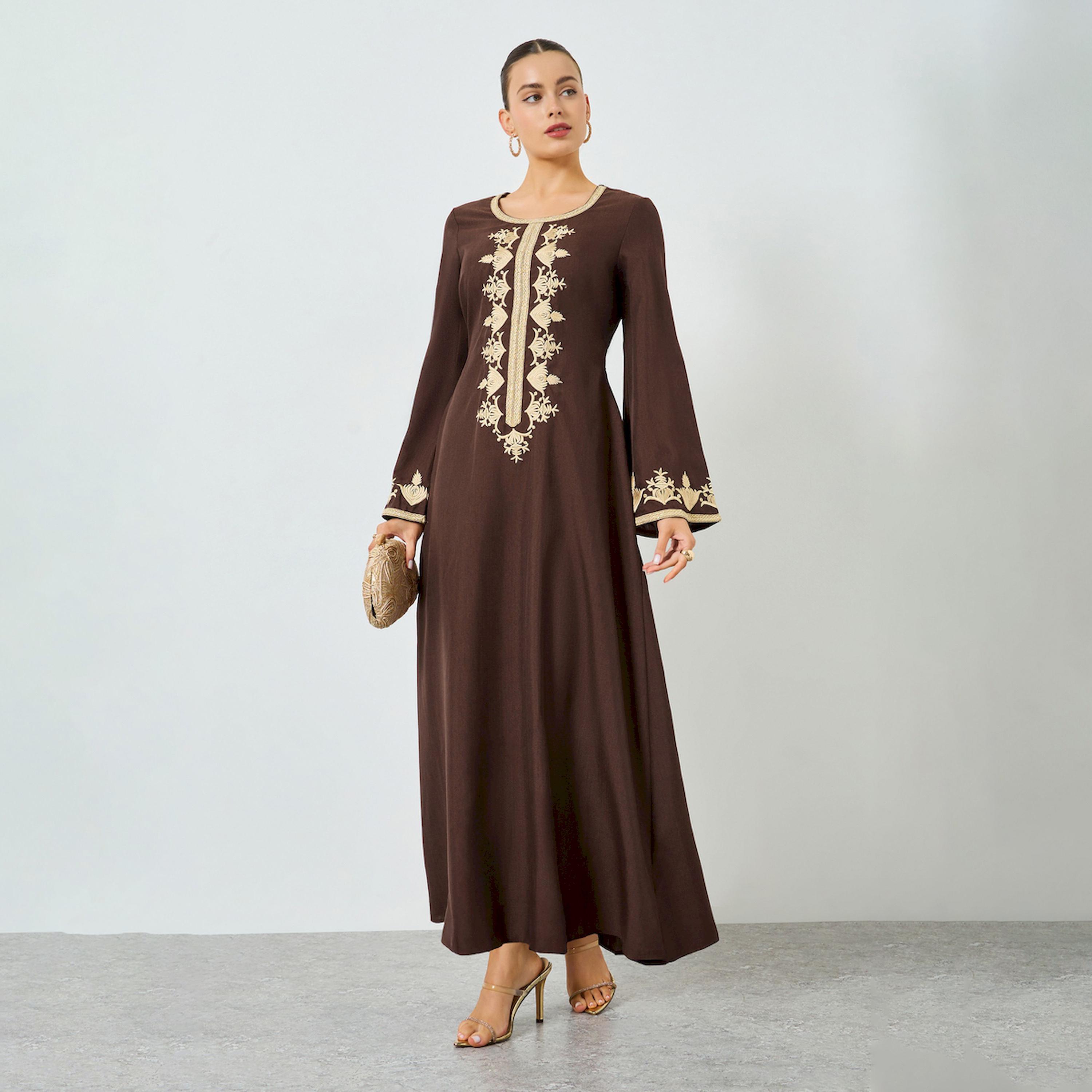 Take Two Brown Embroidered A-Line Jalabiya-women-arabicclothing-jalabiyas-image-1