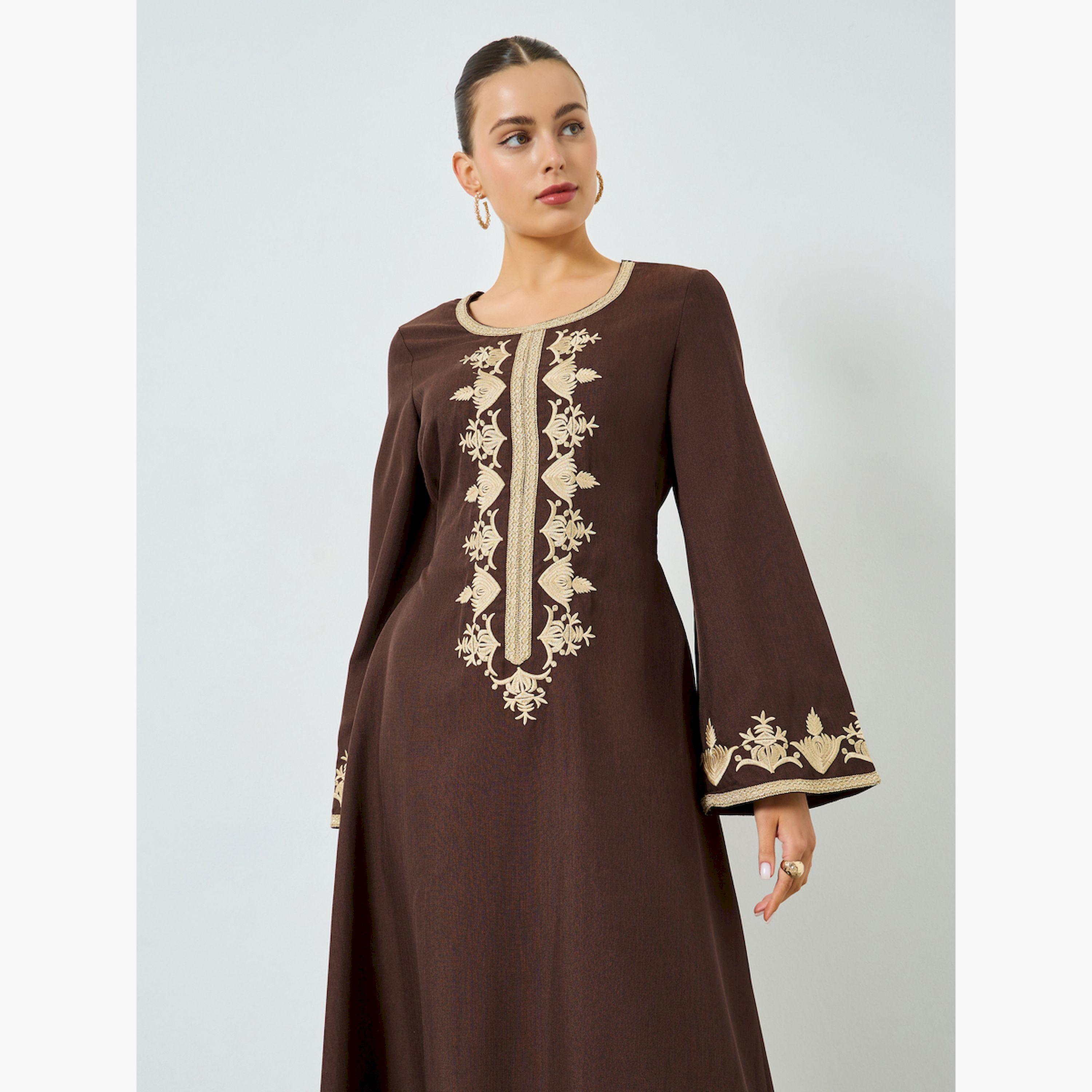 جلابية بنية مطرزة بحافة واسعة-women-arabicclothing-jalabiyas-image-2