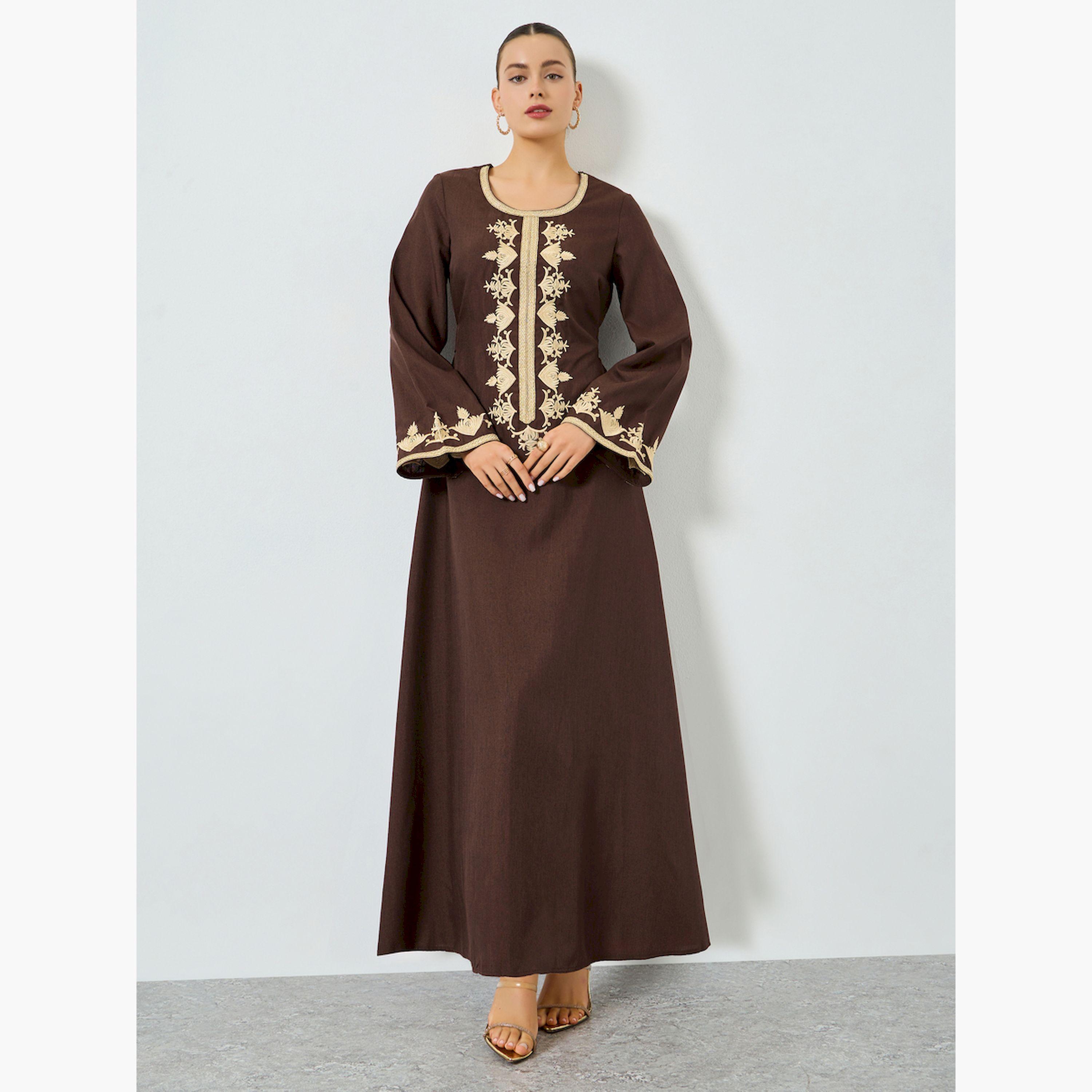 جلابية بنية مطرزة بحافة واسعة-women-arabicclothing-jalabiyas-image-3