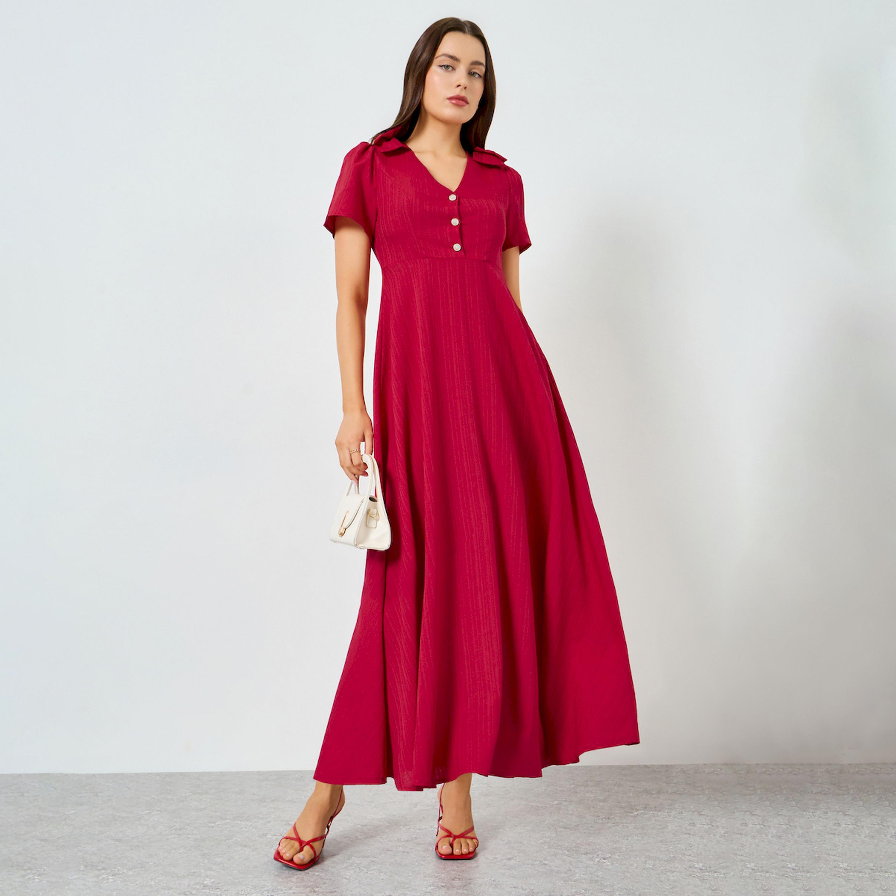 Take Two X Styli Red Buttoned Short Sleeve A-Line Maxi Dress-women-clothing-dresses-image-1