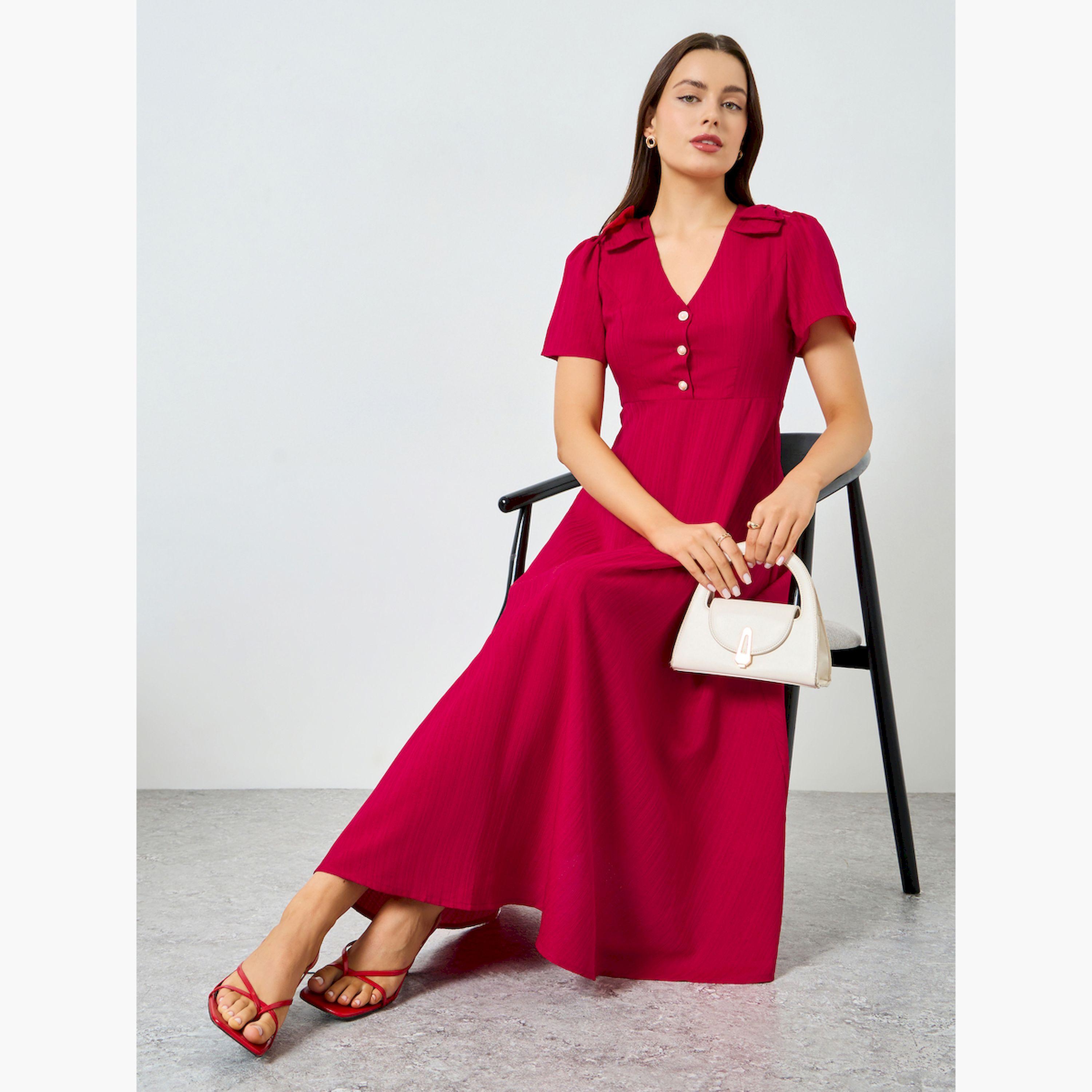 Take Two X Styli Red Buttoned Short Sleeve A-Line Maxi Dress-women-clothing-dresses-image-2