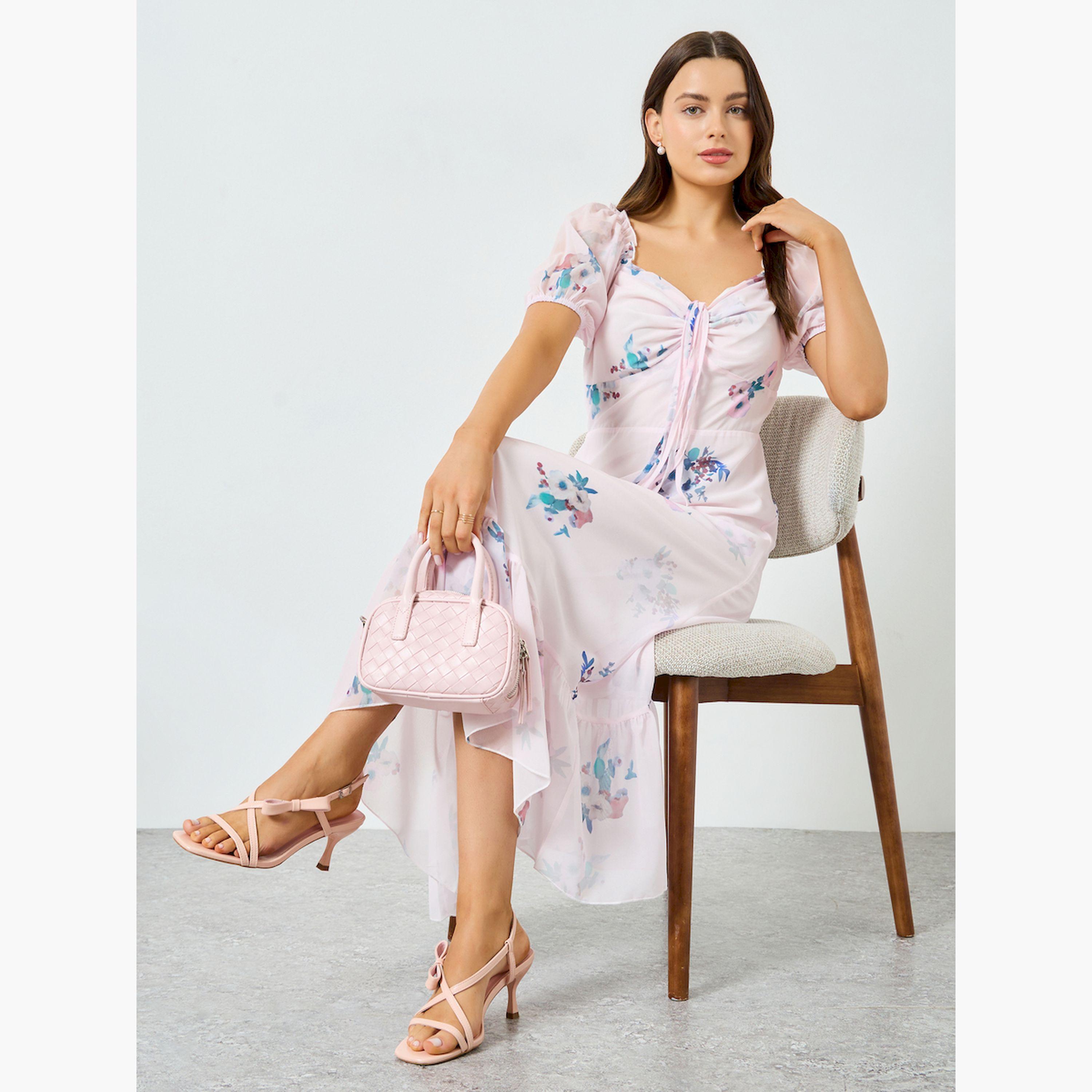 فستان طويل وردي بطبعة زهور وأكمام منفوخة وحاشية مكشكشة-women-clothing-dresses-image-2