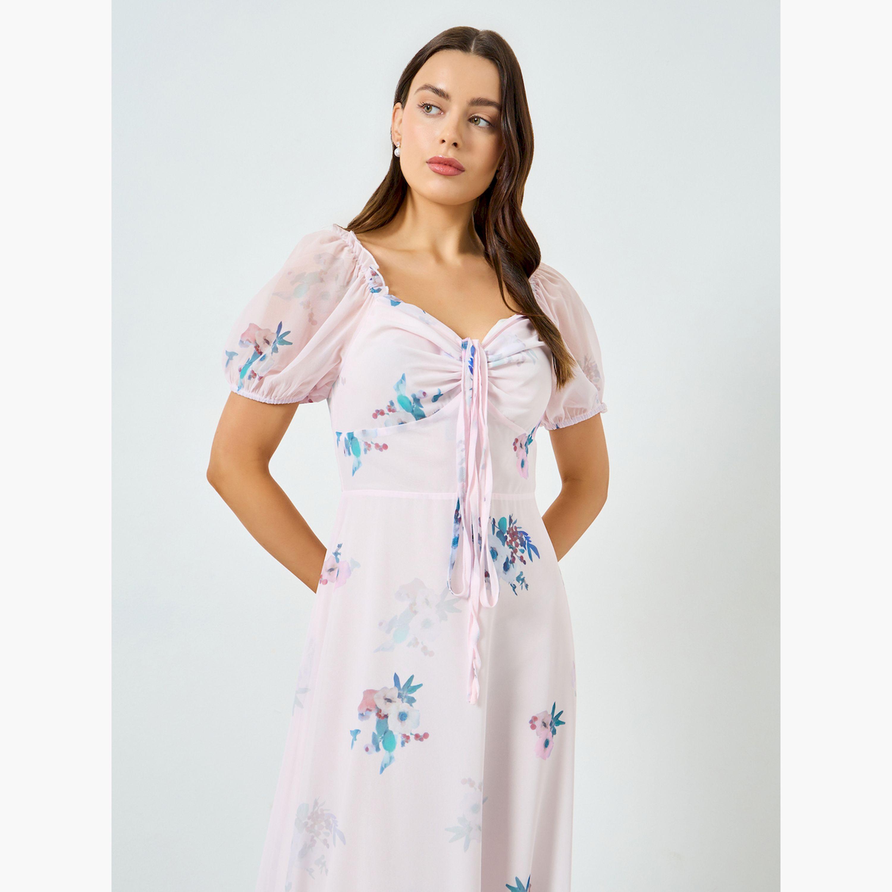 فستان طويل وردي بطبعة زهور وأكمام منفوخة وحاشية مكشكشة-women-clothing-dresses-image-3