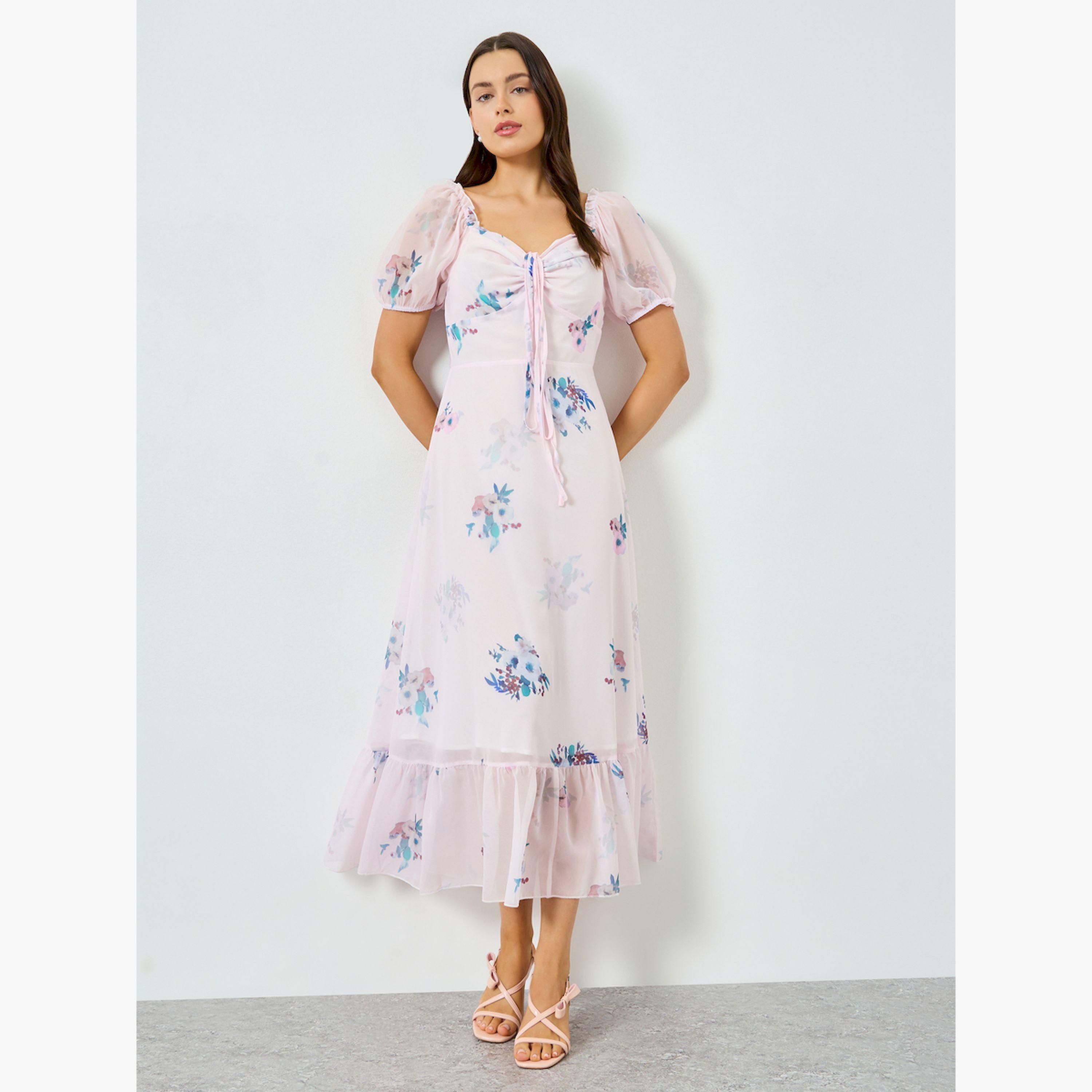 فستان طويل وردي بطبعة زهور وأكمام منفوخة وحاشية مكشكشة-women-clothing-dresses-image-4