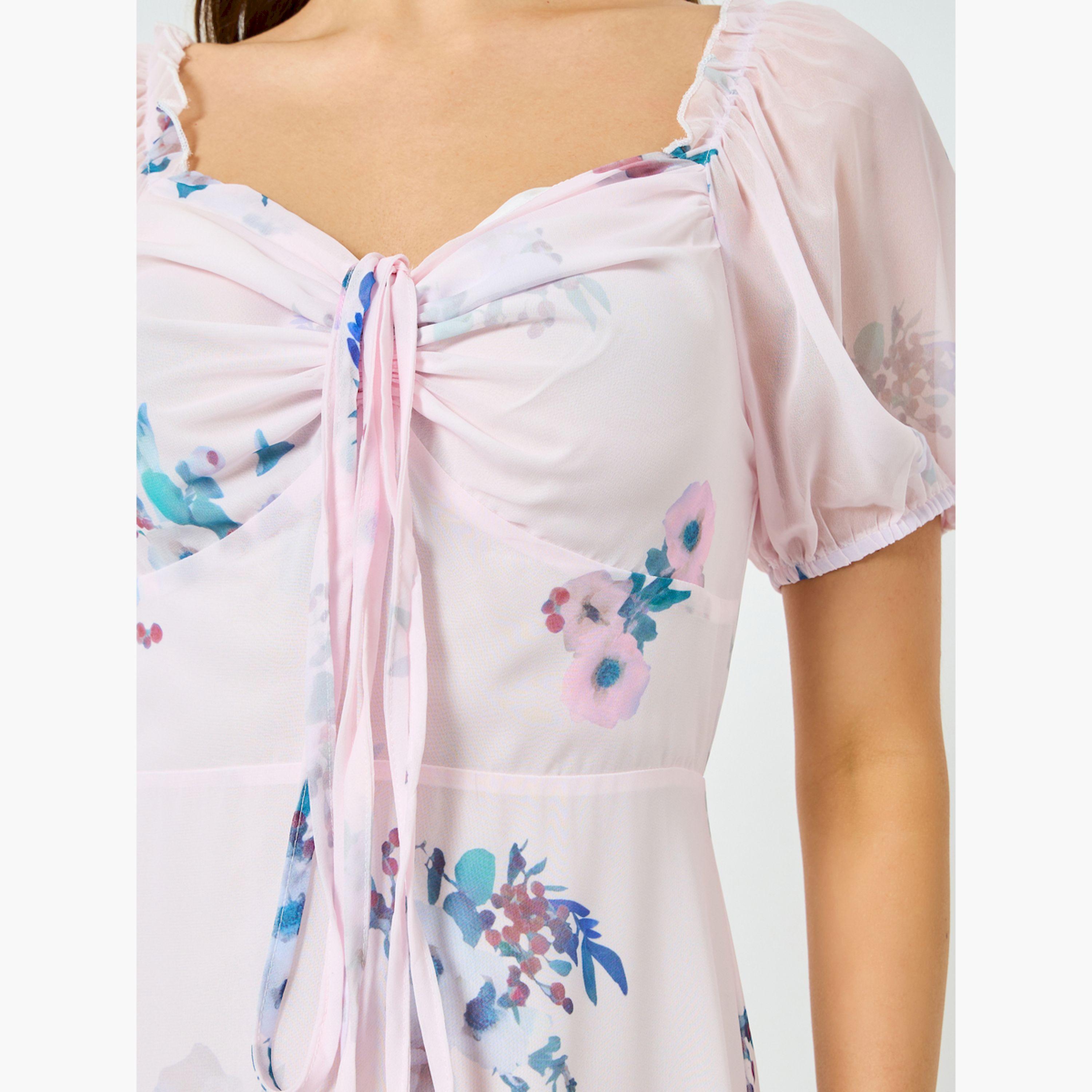 فستان طويل وردي بطبعة زهور وأكمام منفوخة وحاشية مكشكشة-women-clothing-dresses-image-5