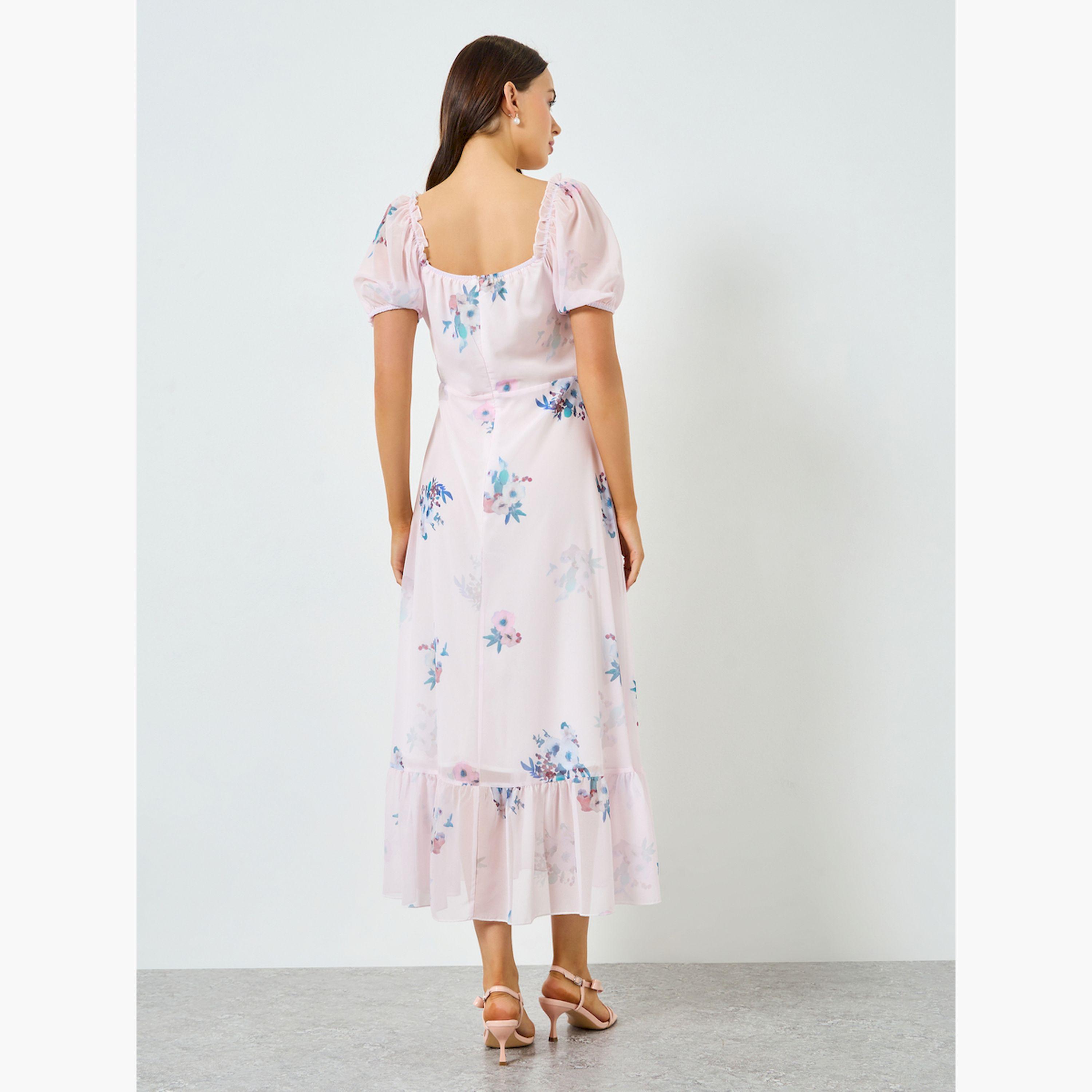 فستان طويل وردي بطبعة زهور وأكمام منفوخة وحاشية مكشكشة-women-clothing-dresses-image-6