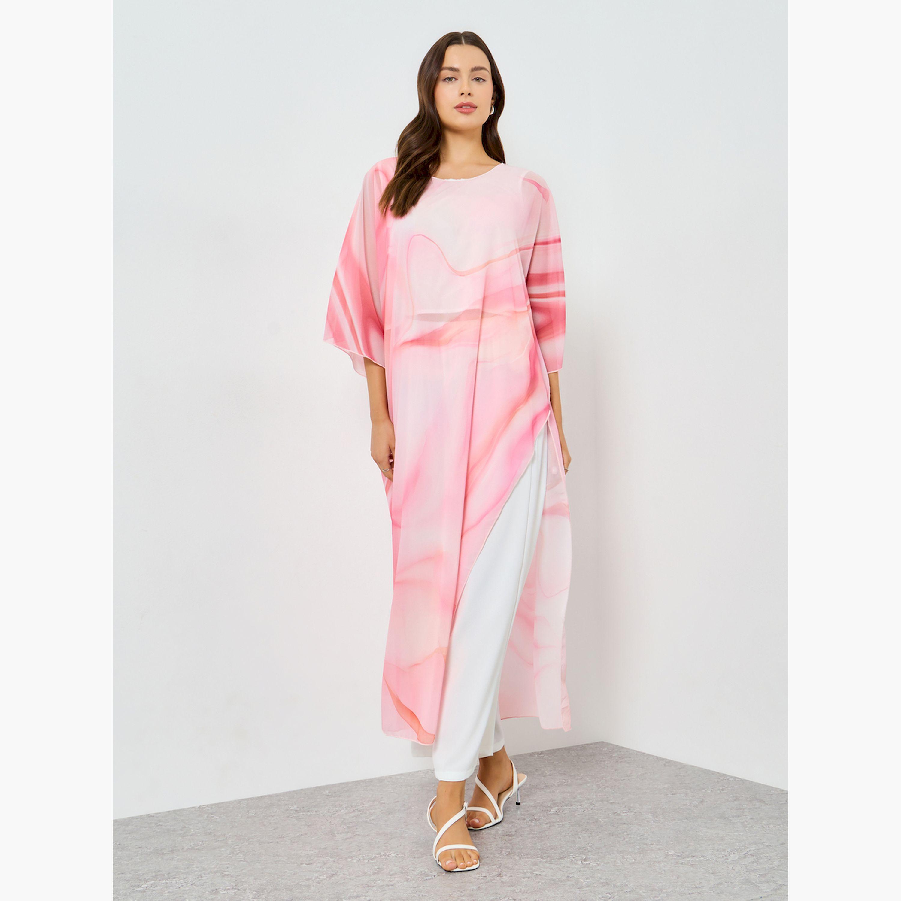 Take Two X Styli Pink Marble Print Side Slit Dress with Wide Leg Pants Co-Ords-women-clothing-coordsets-image-1
