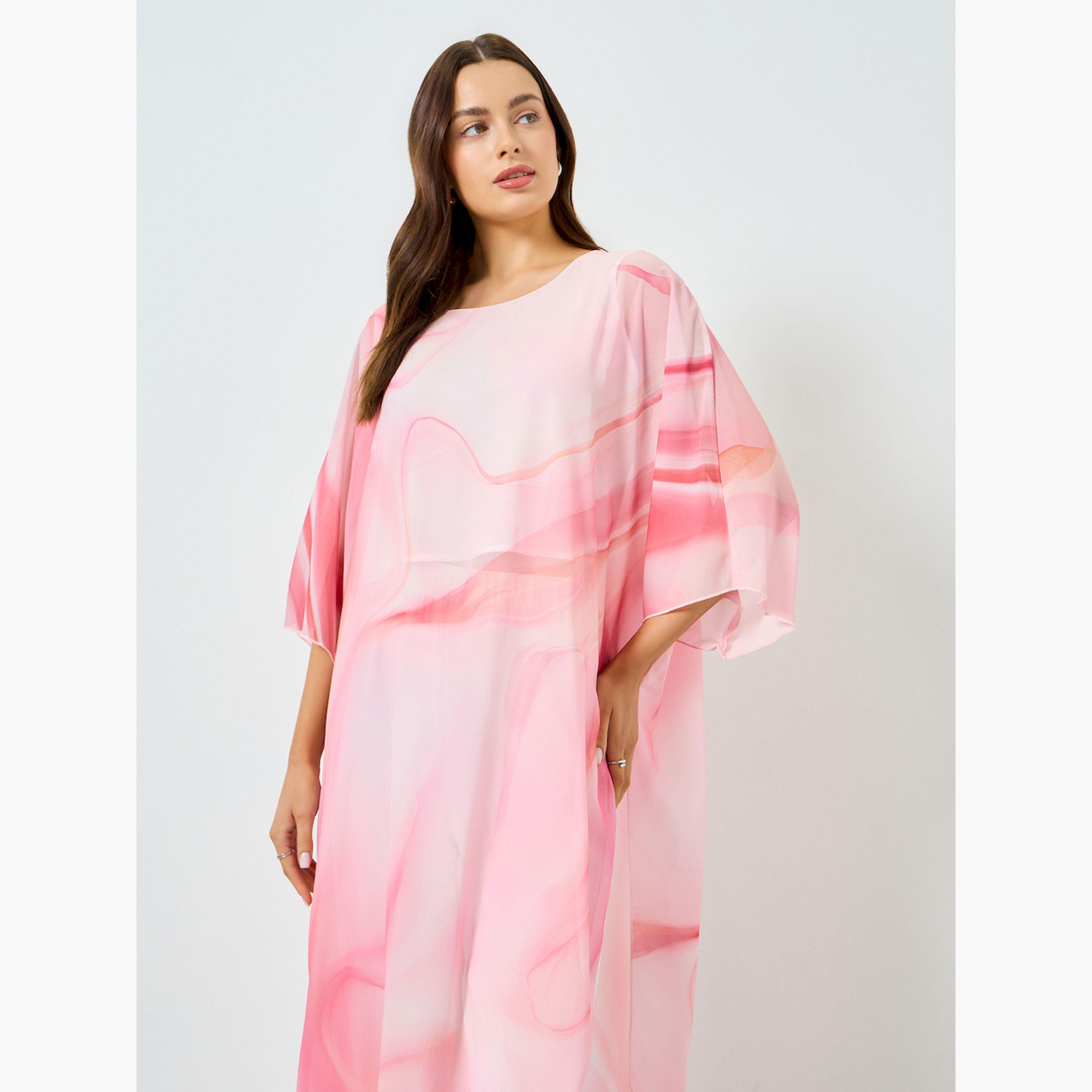 Take Two X Styli Pink Marble Print Side Slit Dress with Wide Leg Pants Co-Ords-women-clothing-coordsets-image-2