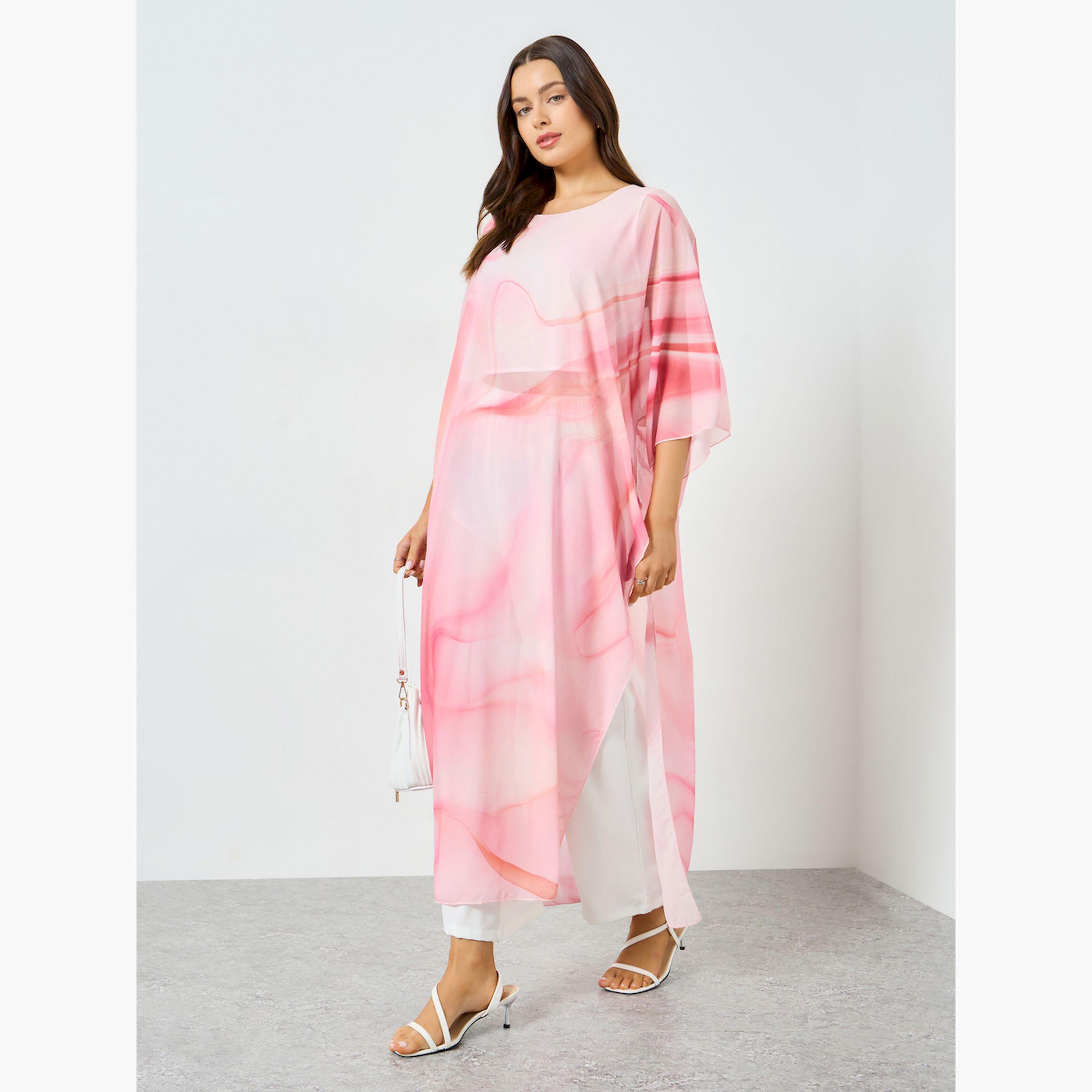 Take Two X Styli Pink Marble Print Side Slit Dress with Wide Leg Pants Co-Ords-women-clothing-coordsets-image-3