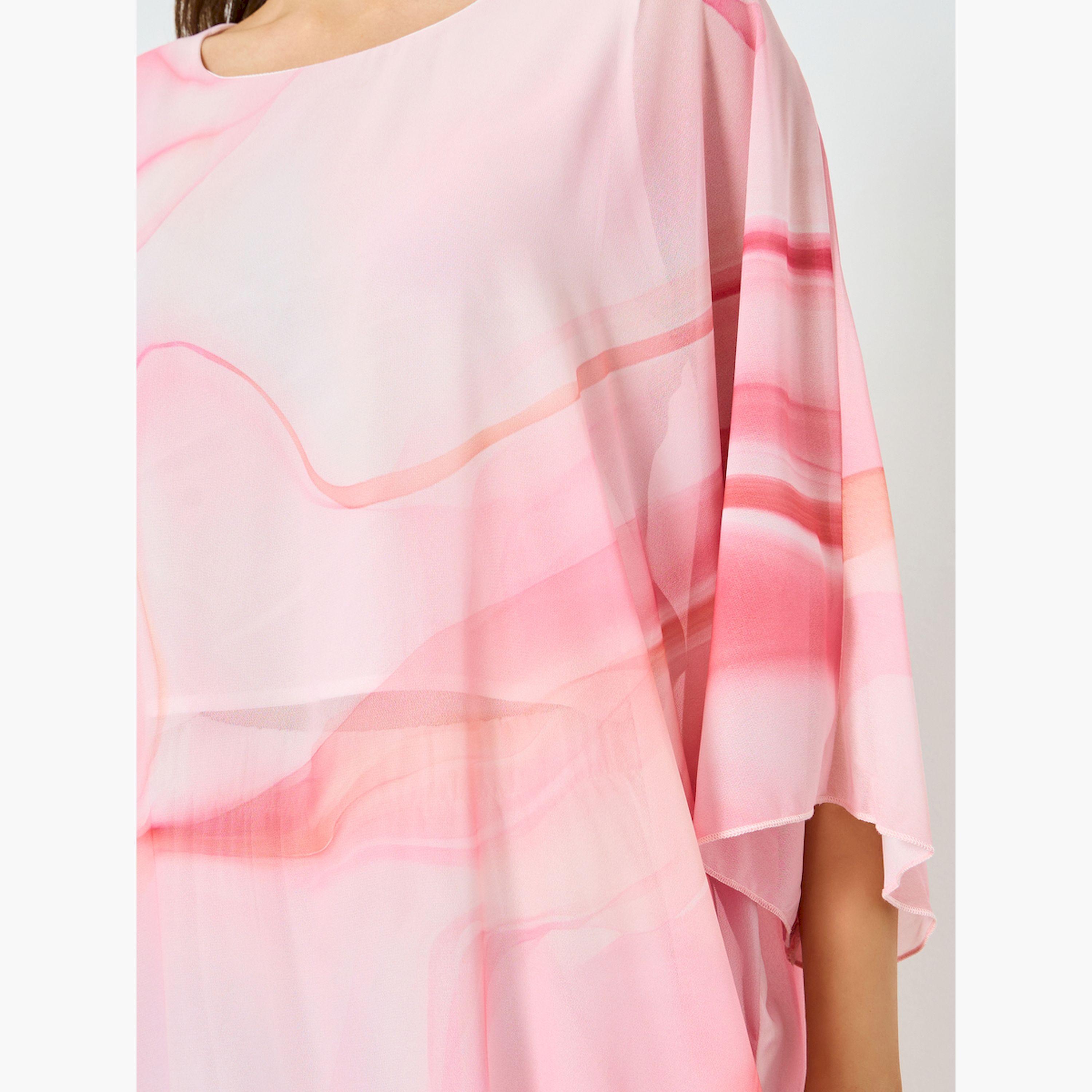 طقم فستان وردي بنقشة رخامية مع بنطال واسع-women-clothing-coordsets-image-4
