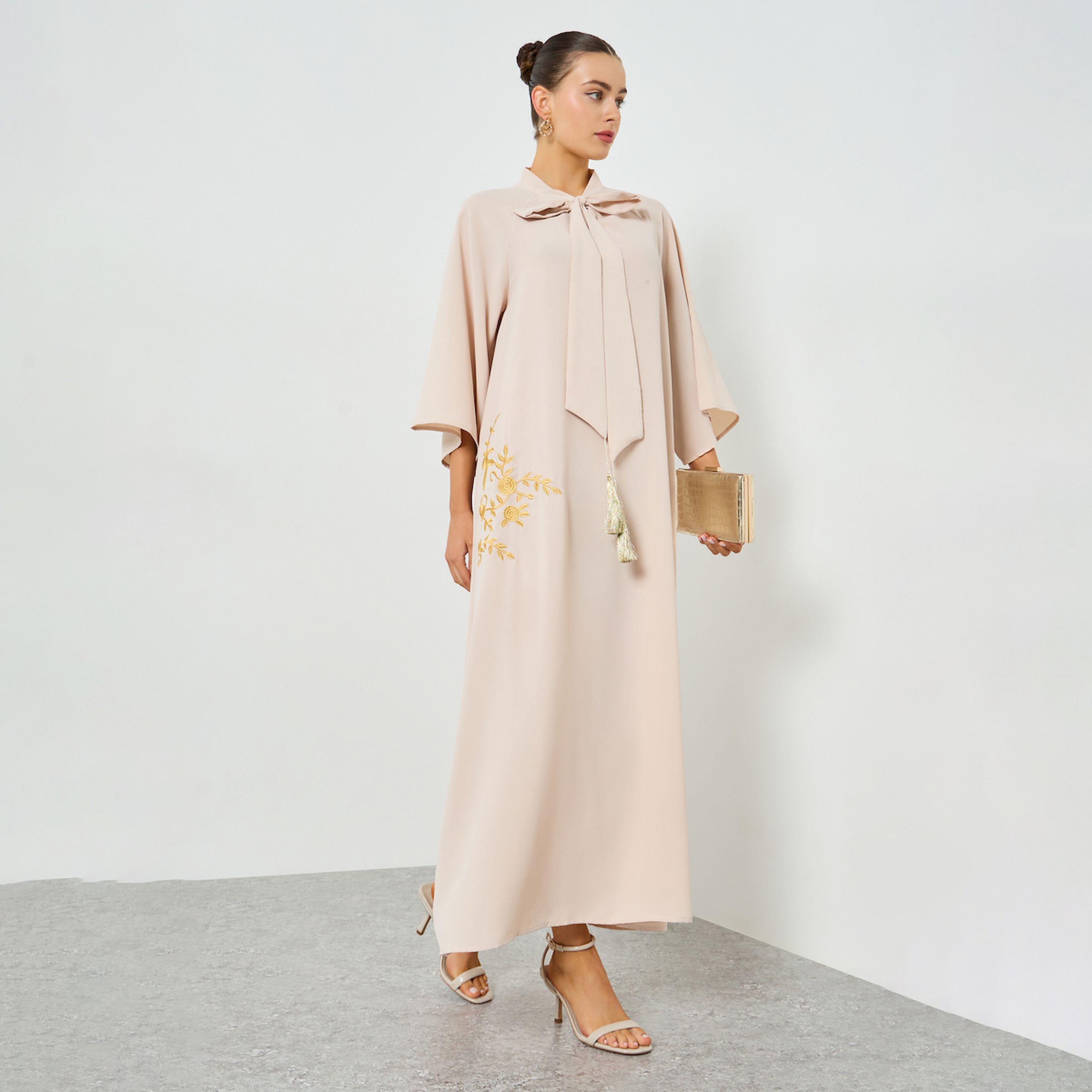 Take Two Beige Embroidered Tie Neck A-Line Jalabiya-women-arabicclothing-jalabiyas-image-1