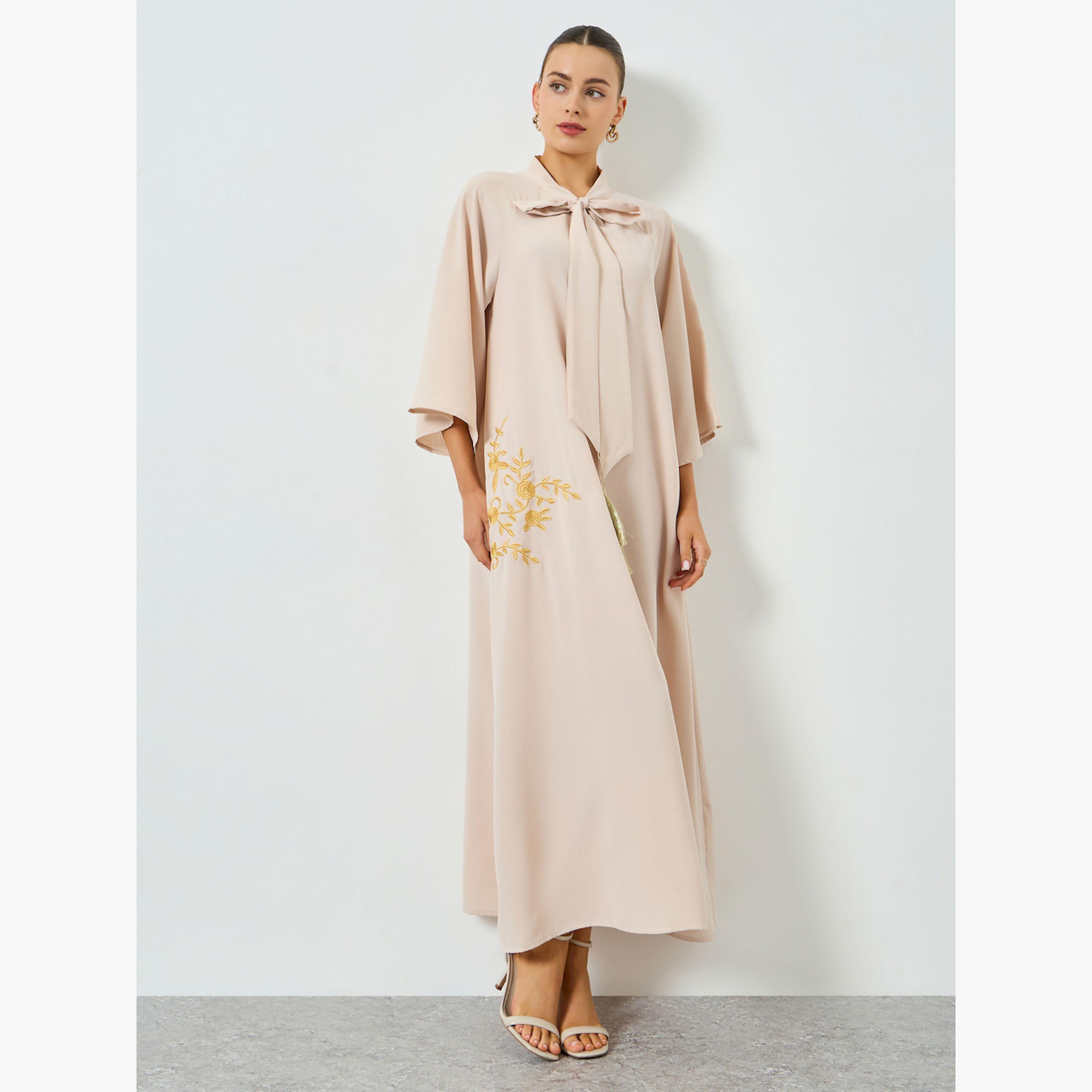 Take Two Beige Embroidered Tie Neck A-Line Jalabiya-women-arabicclothing-jalabiyas-image-3