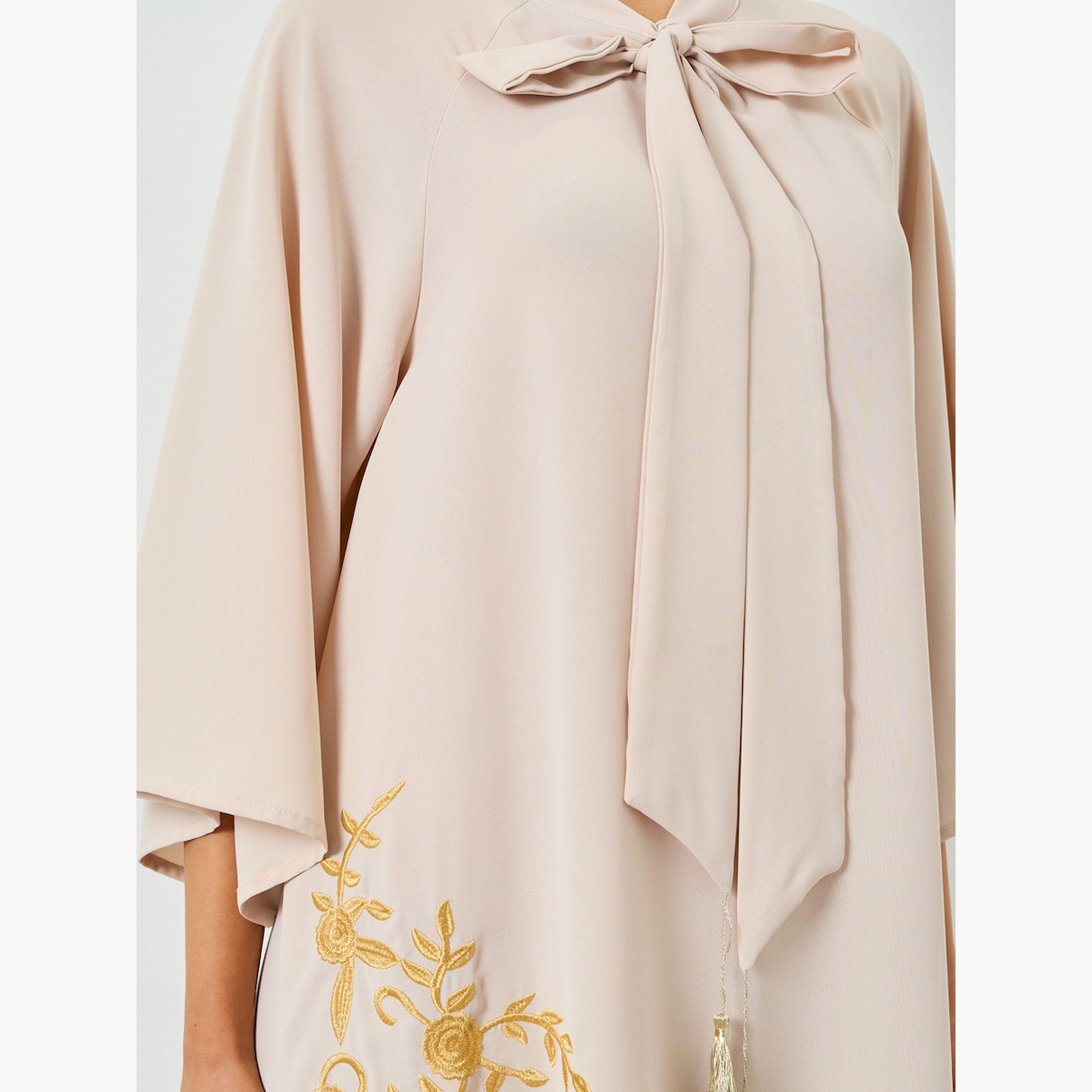 Take Two Beige Embroidered Tie Neck A-Line Jalabiya-women-arabicclothing-jalabiyas-image-4