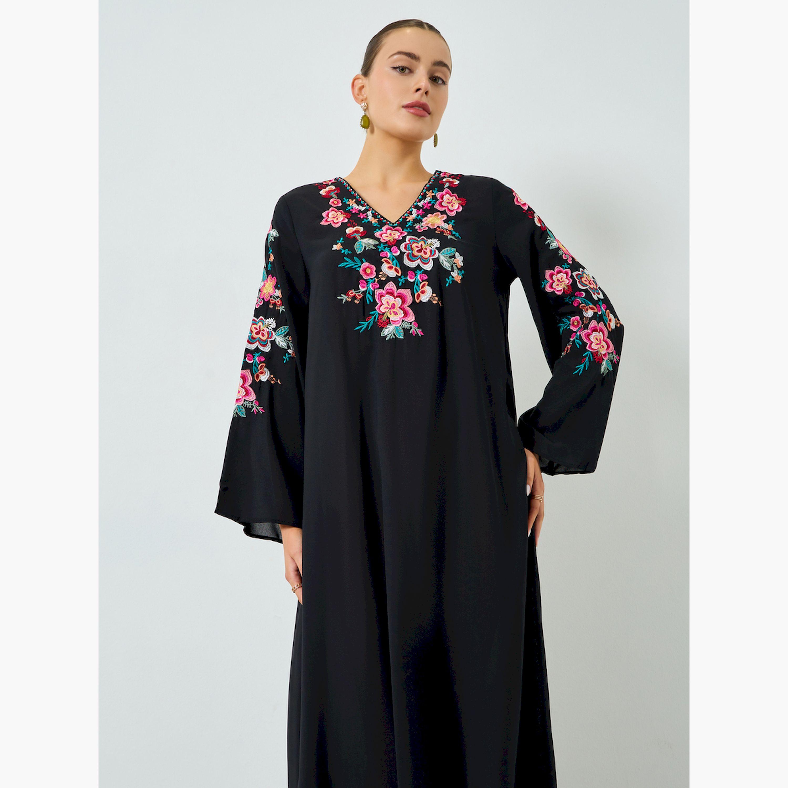 Take Two Black Floral Embroidered A-Line Jalabiya-women-arabicclothing-jalabiyas-image-2