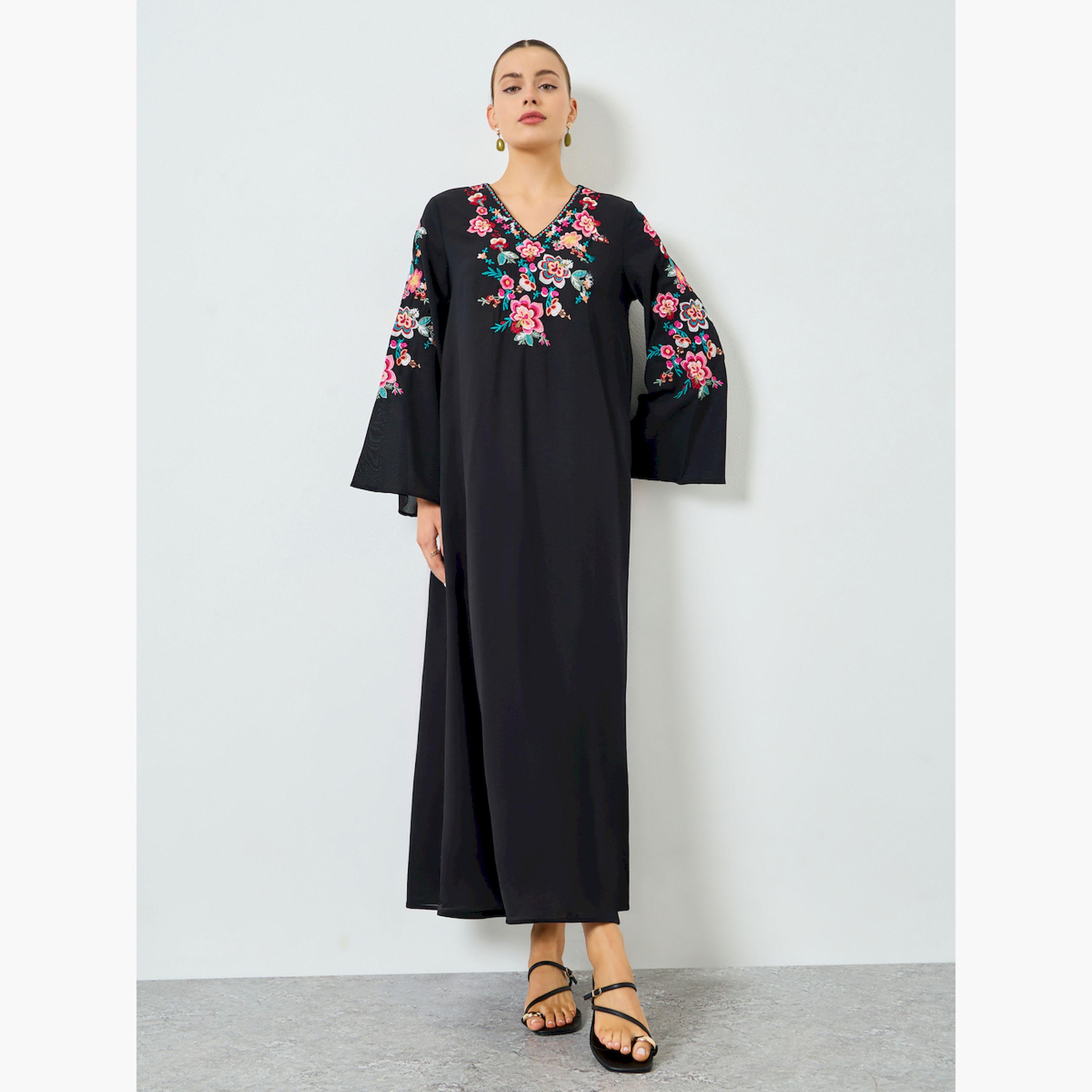Take Two Black Floral Embroidered A-Line Jalabiya-women-arabicclothing-jalabiyas-image-3