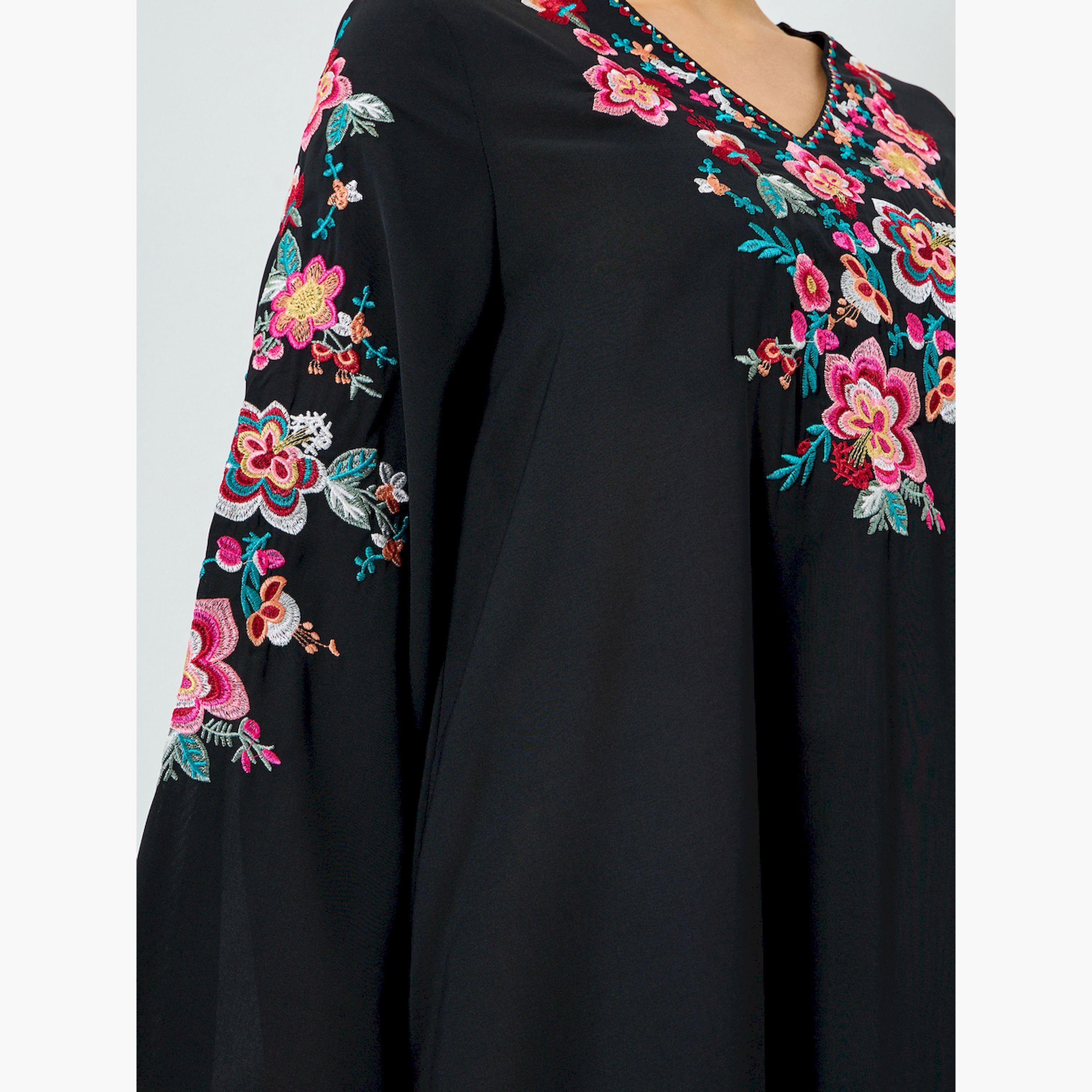 Take Two Black Floral Embroidered A-Line Jalabiya-women-arabicclothing-jalabiyas-image-4