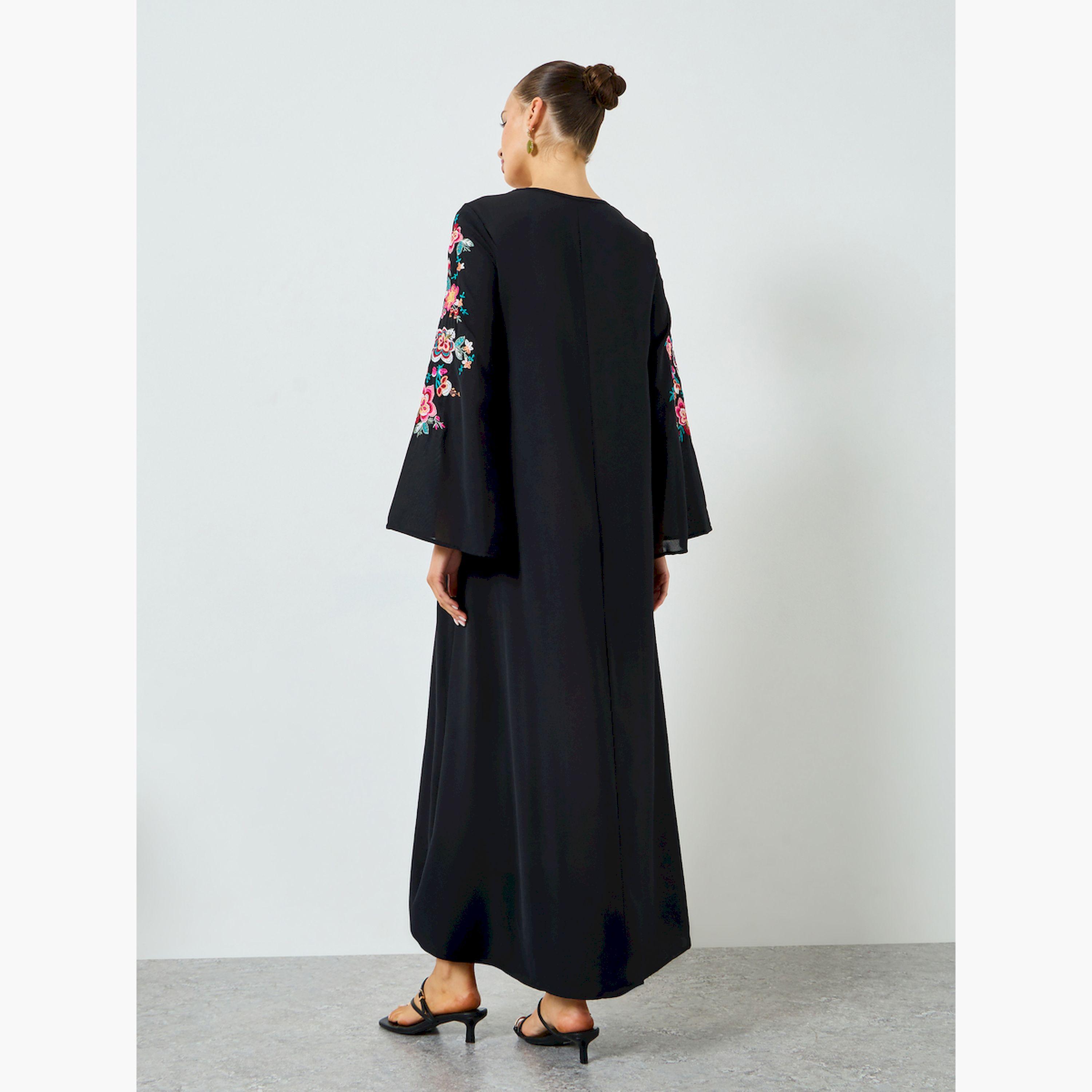Take Two Black Floral Embroidered A-Line Jalabiya-women-arabicclothing-jalabiyas-image-5