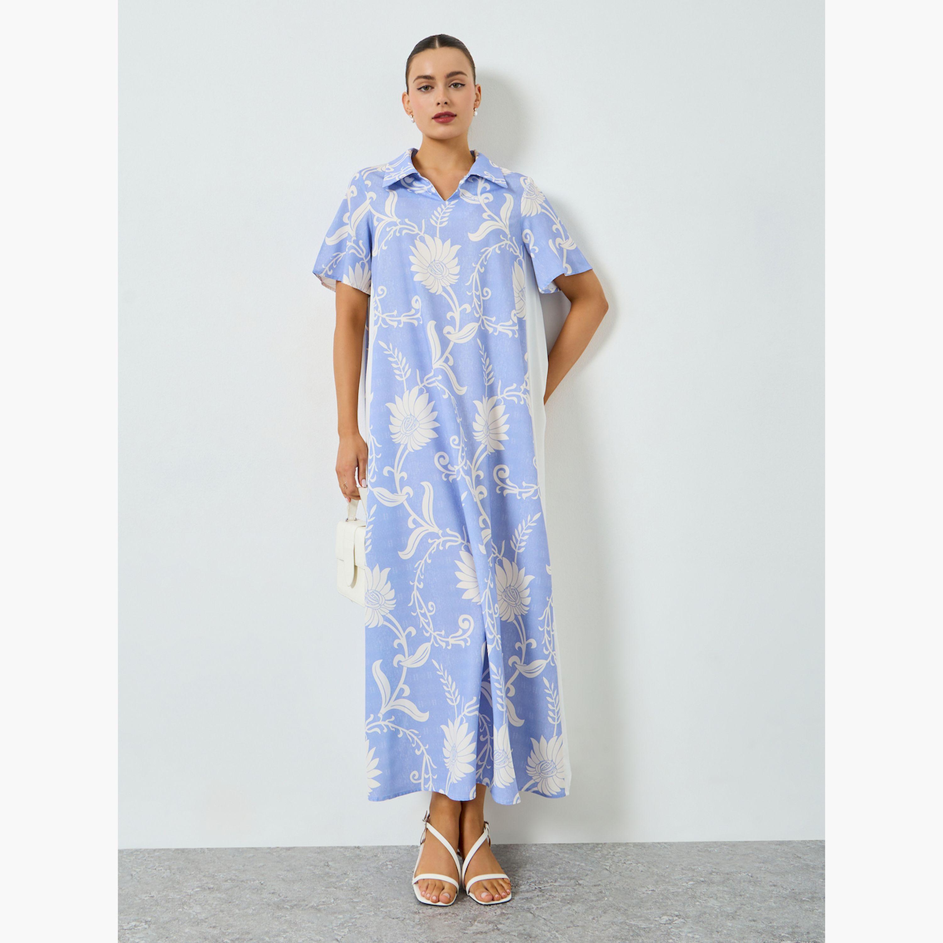 جلابية زرقاء مطبوعة أكمام قصيرة-women-arabicclothing-jalabiyas-image-1