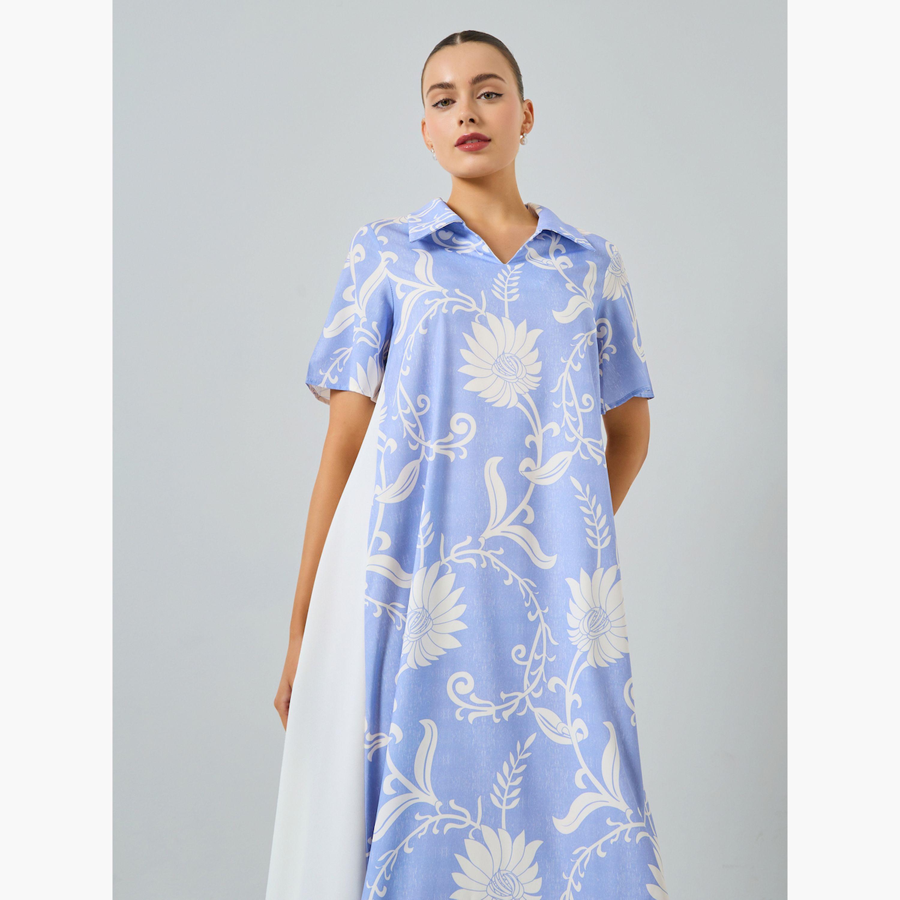 جلابية زرقاء مطبوعة أكمام قصيرة-women-arabicclothing-jalabiyas-image-2
