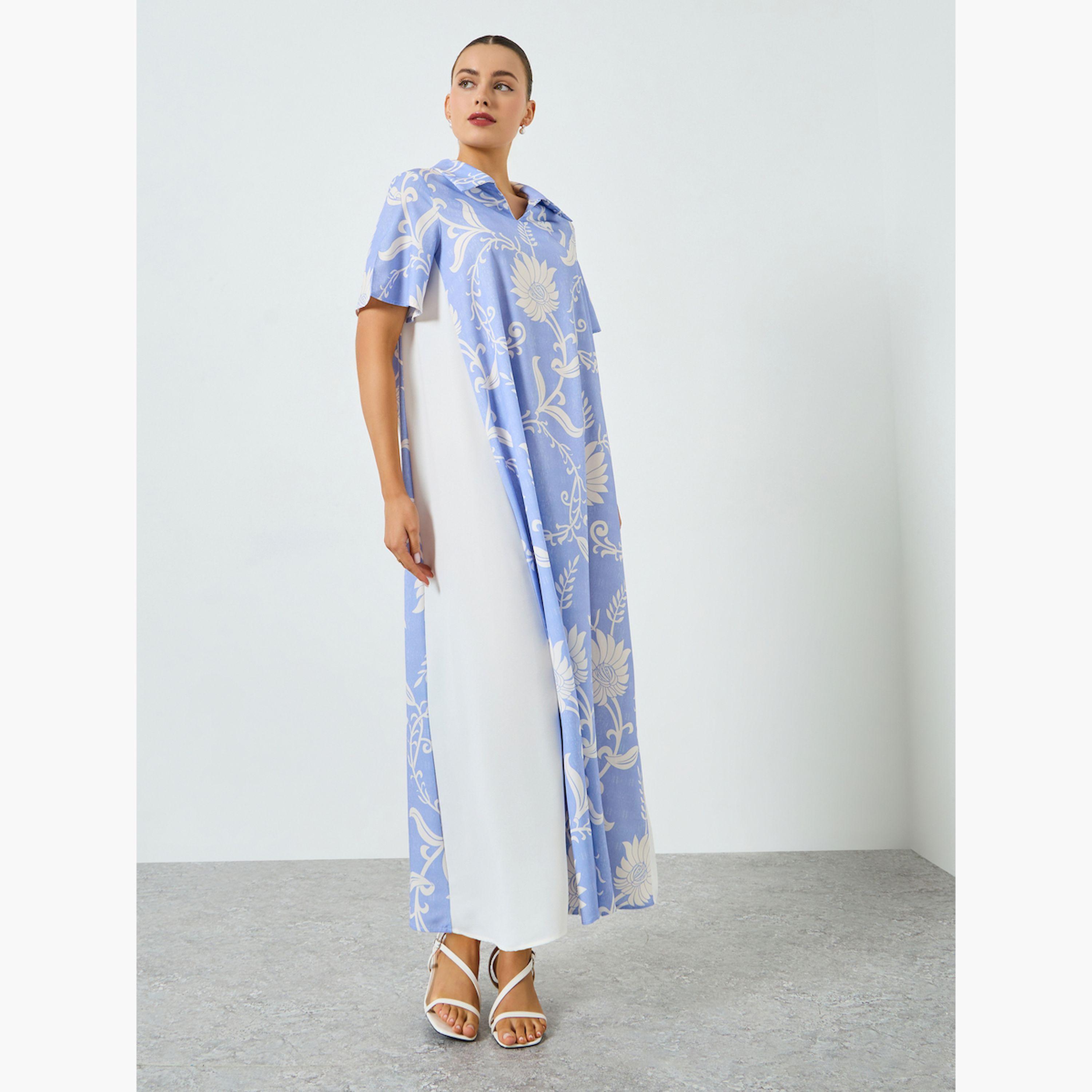 Take Two Blue Floral Print Short Sleeve Jalabiya-women-arabicclothing-jalabiyas-image-3