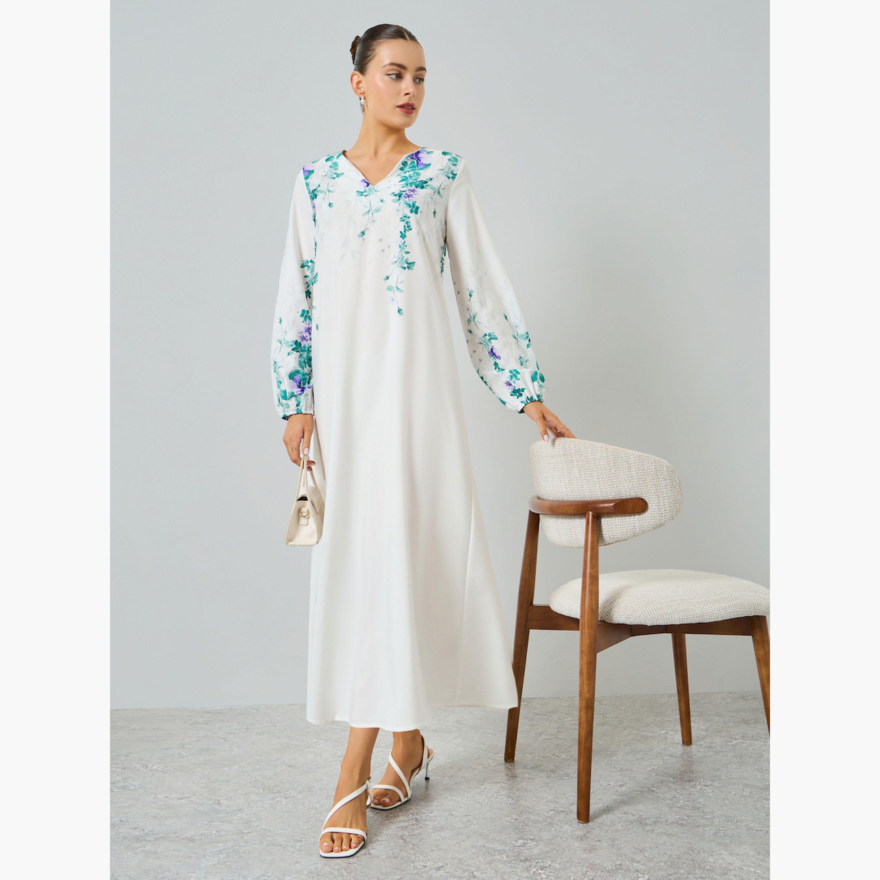 Take Two White Floral Print A-Line Jalabiya-women-arabicclothing-jalabiyas-image-1