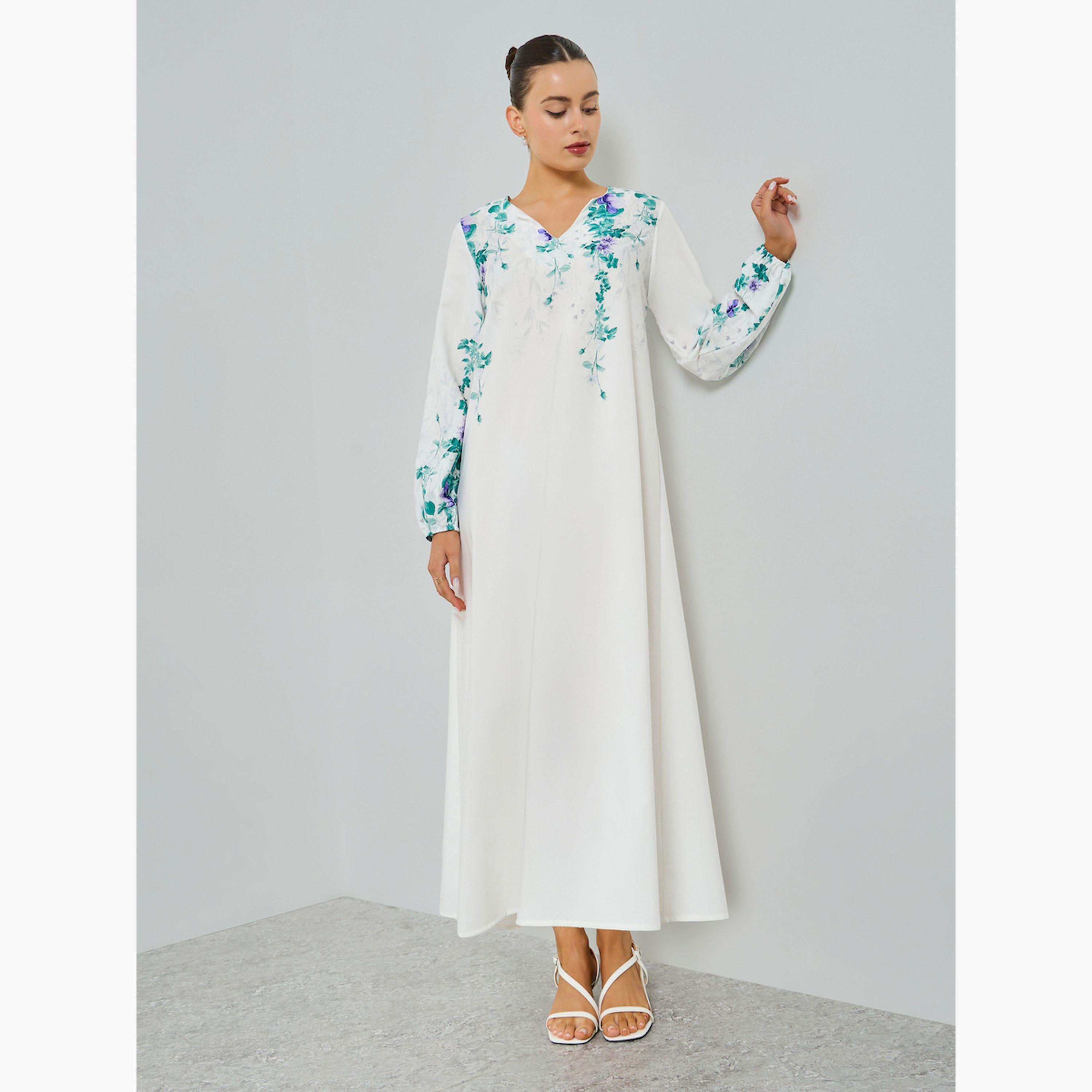 Take Two White Floral Print A-Line Jalabiya-women-arabicclothing-jalabiyas-image-3