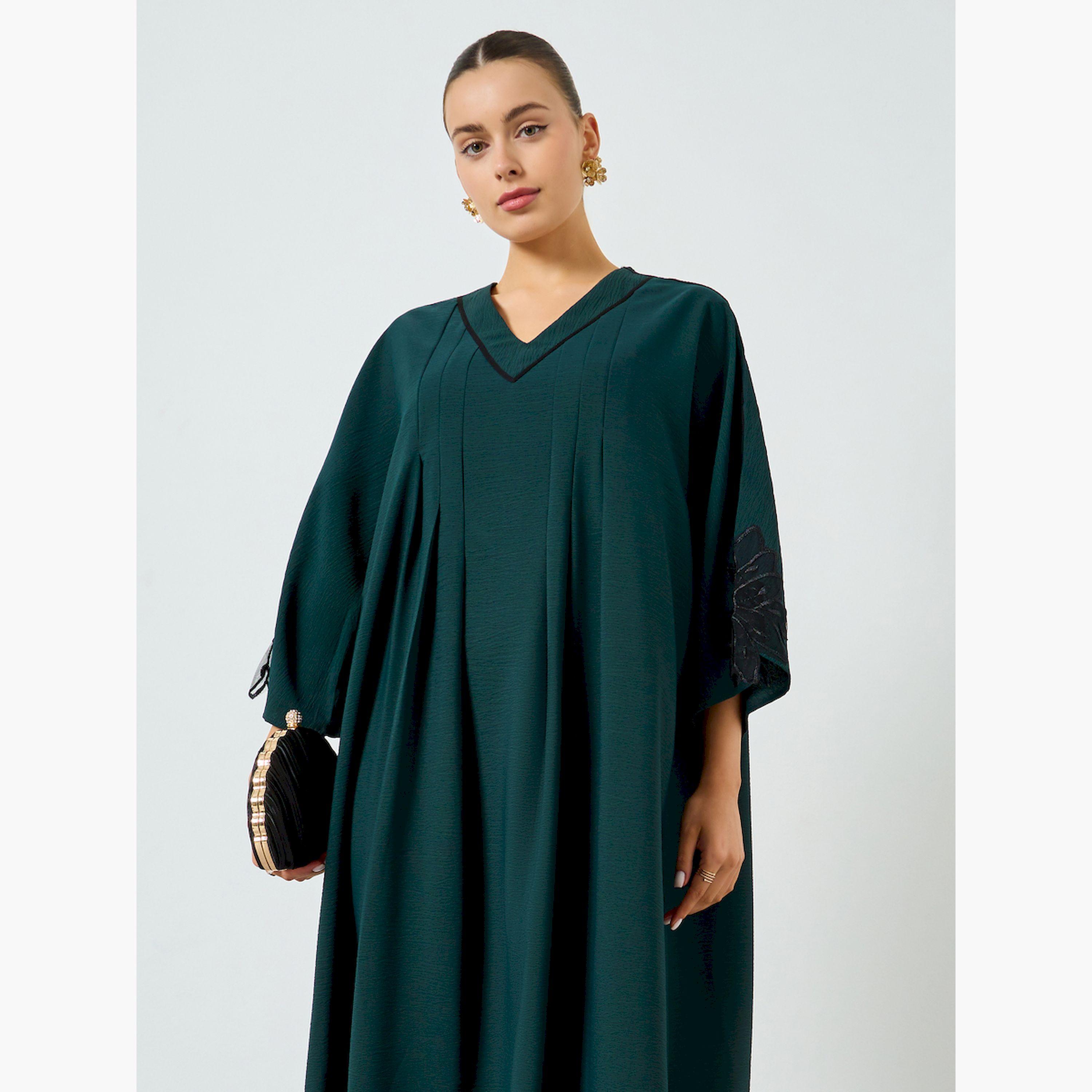 Take Two Dark Green Floral Patchwork A-Line Jalabiya-women-arabicclothing-jalabiyas-image-2