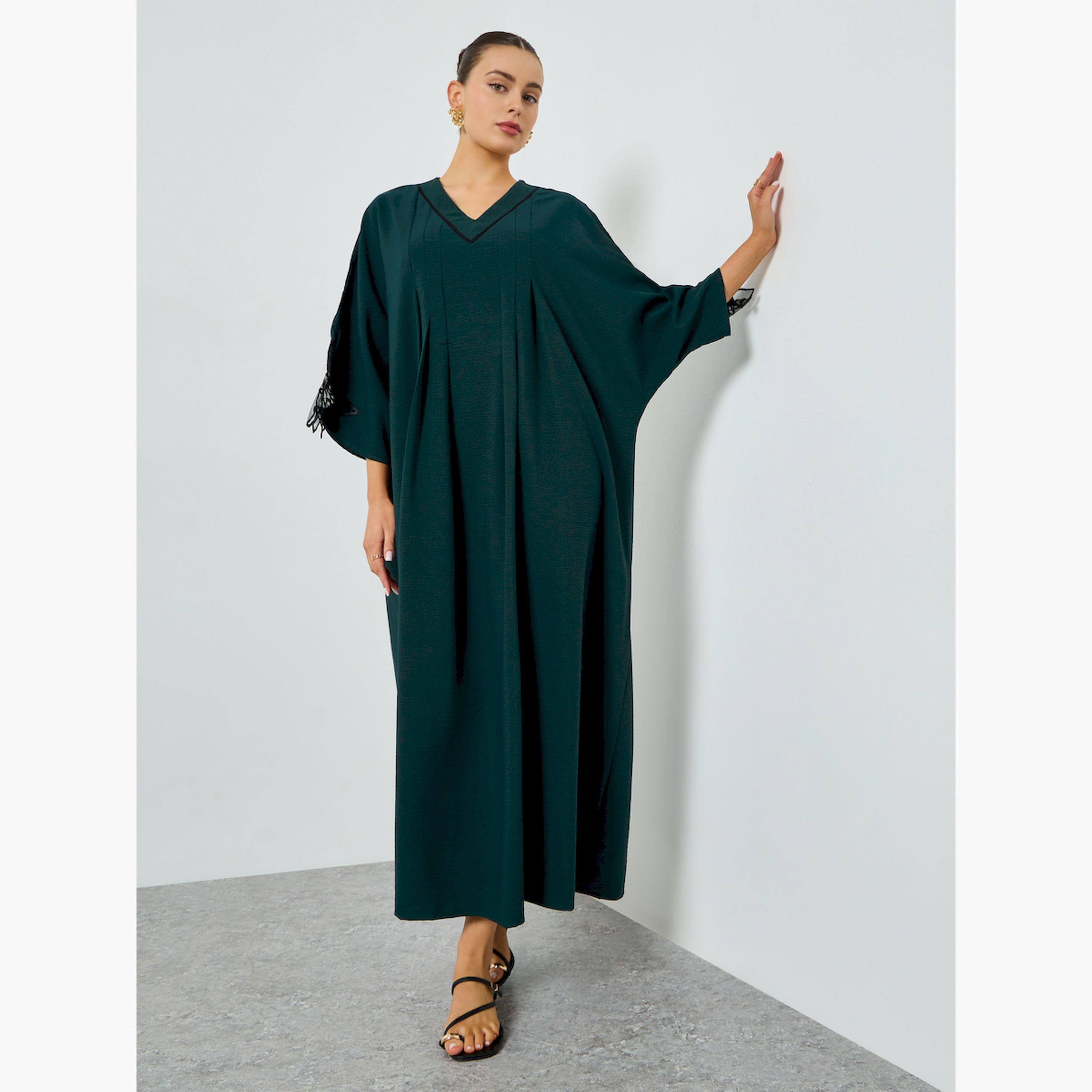 Take Two Dark Green Floral Patchwork A-Line Jalabiya-women-arabicclothing-jalabiyas-image-3