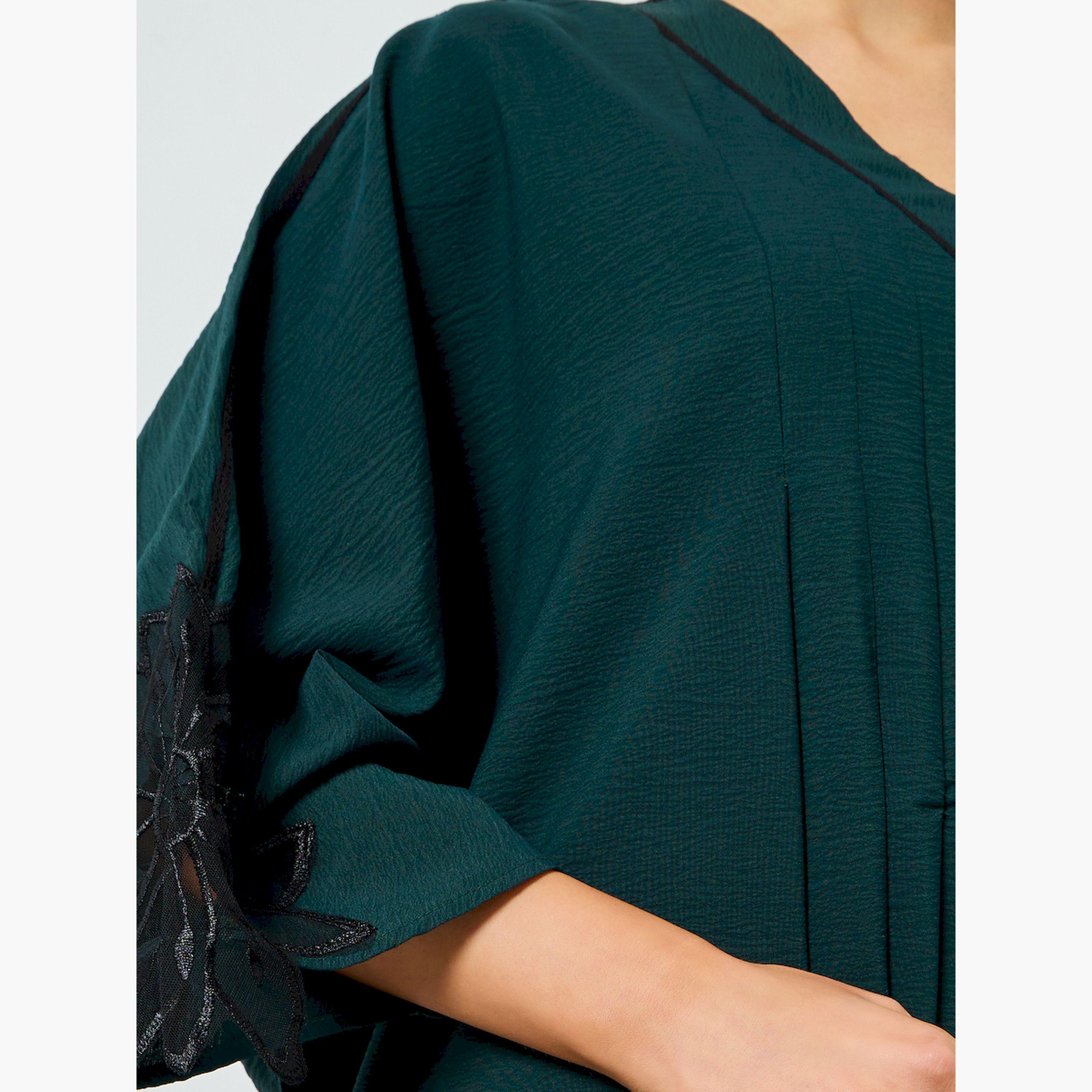 Take Two Dark Green Floral Patchwork A-Line Jalabiya-women-arabicclothing-jalabiyas-image-4