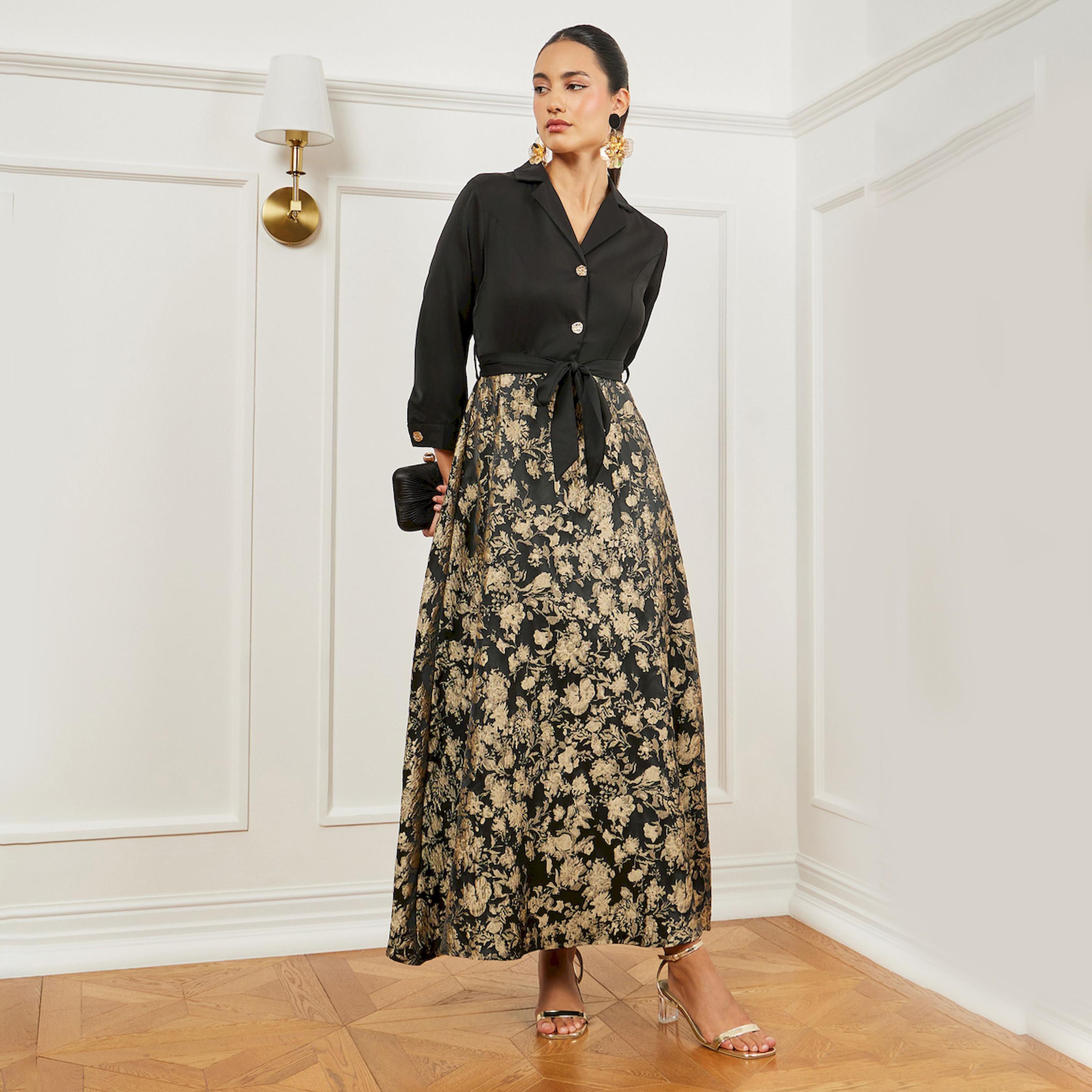 فستان طويل جاكار بحزام وحافة واسعة-women-clothing-dresses-image-1