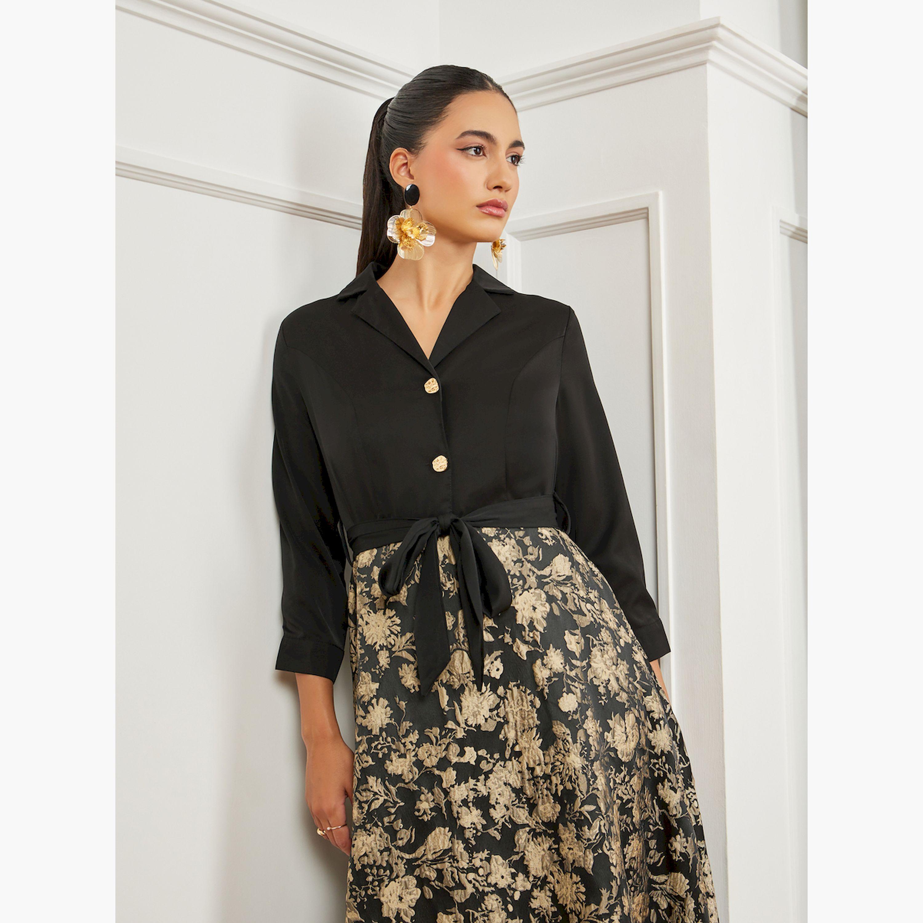 فستان طويل جاكار بحزام وحافة واسعة-women-clothing-dresses-image-2