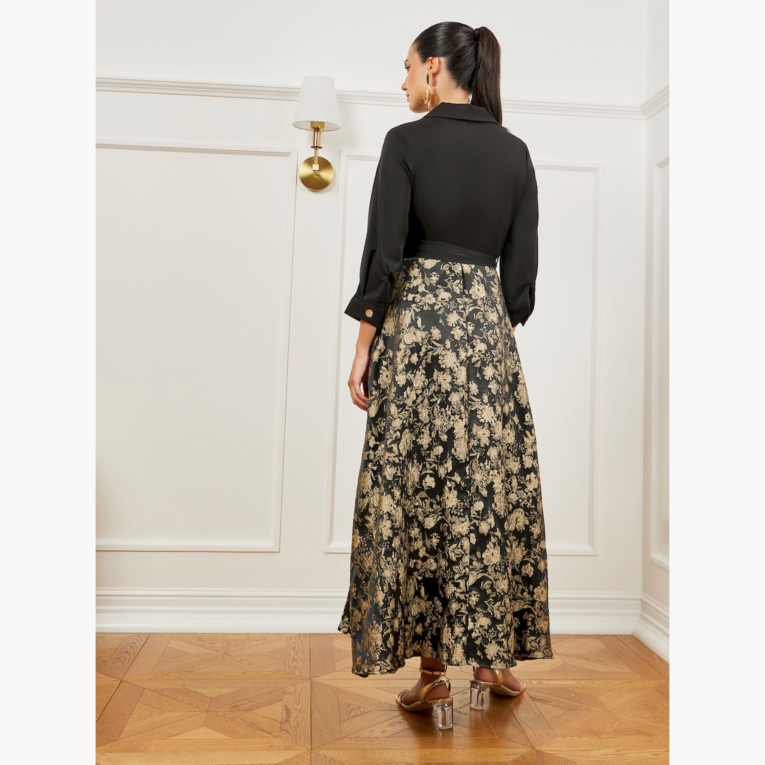 Styli Black Jacquard Belted A-Line Maxi Dress-women-clothing-dresses-image-3