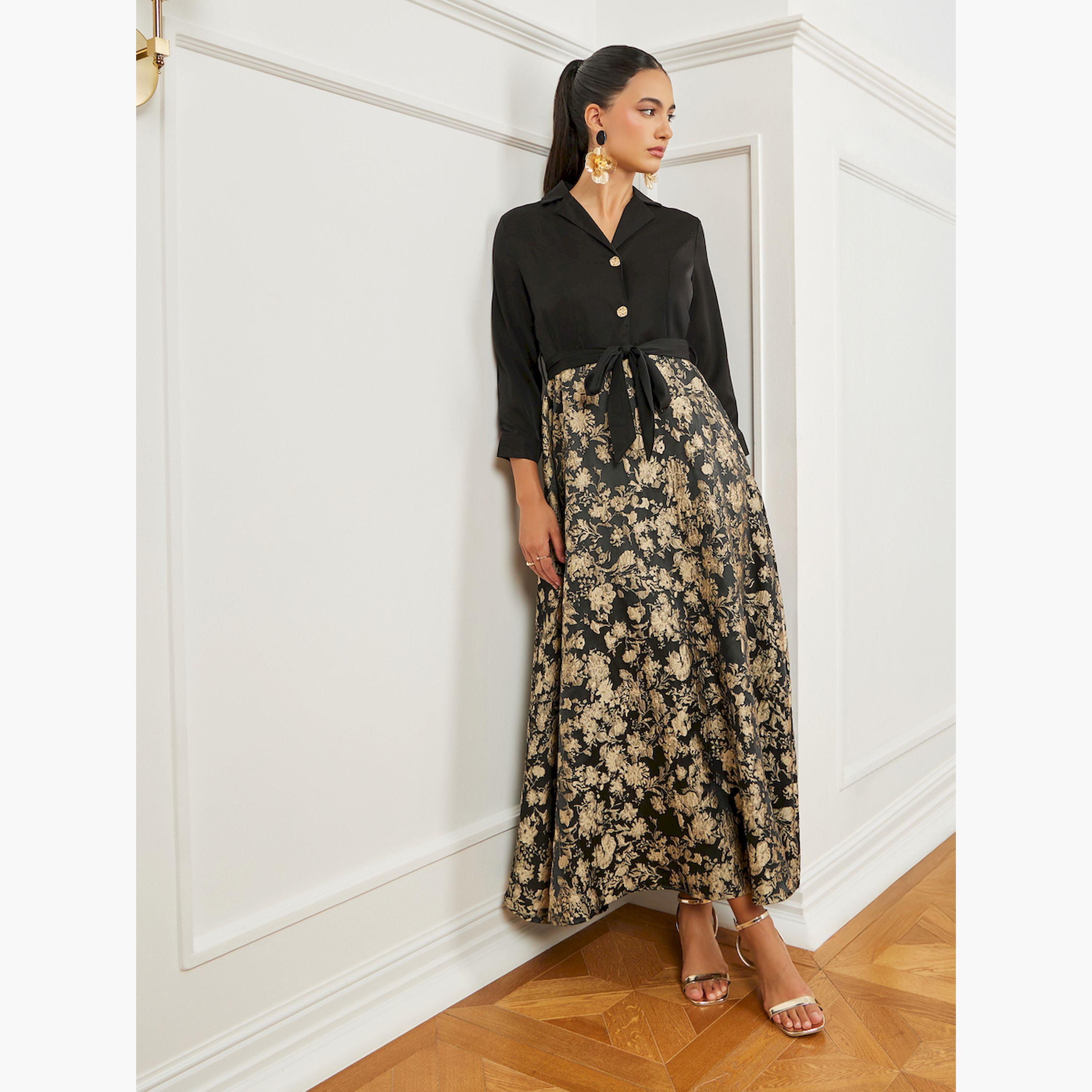 فستان طويل جاكار بحزام وحافة واسعة-women-clothing-dresses-image-4