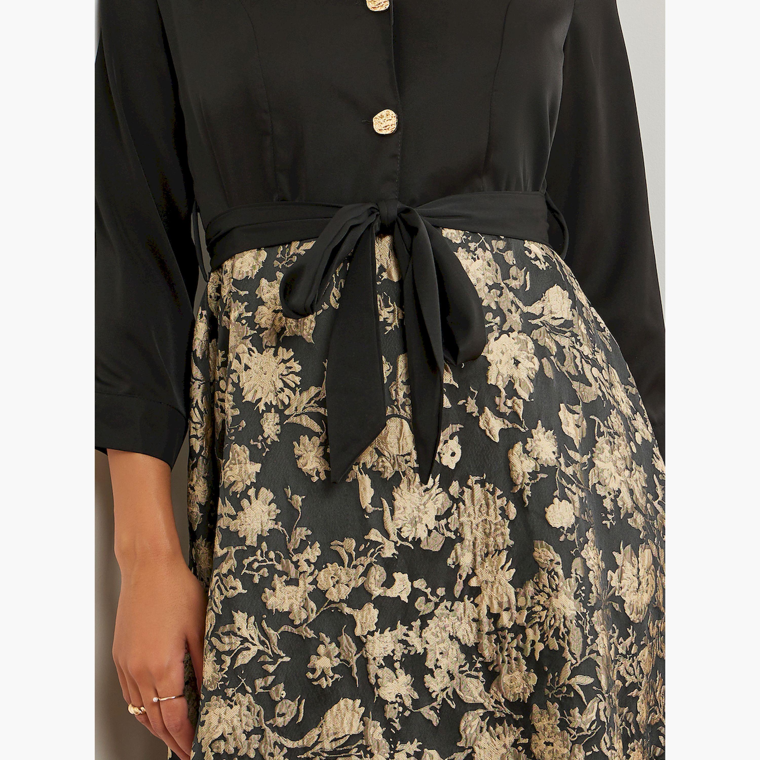 فستان طويل جاكار بحزام وحافة واسعة-women-clothing-dresses-image-5