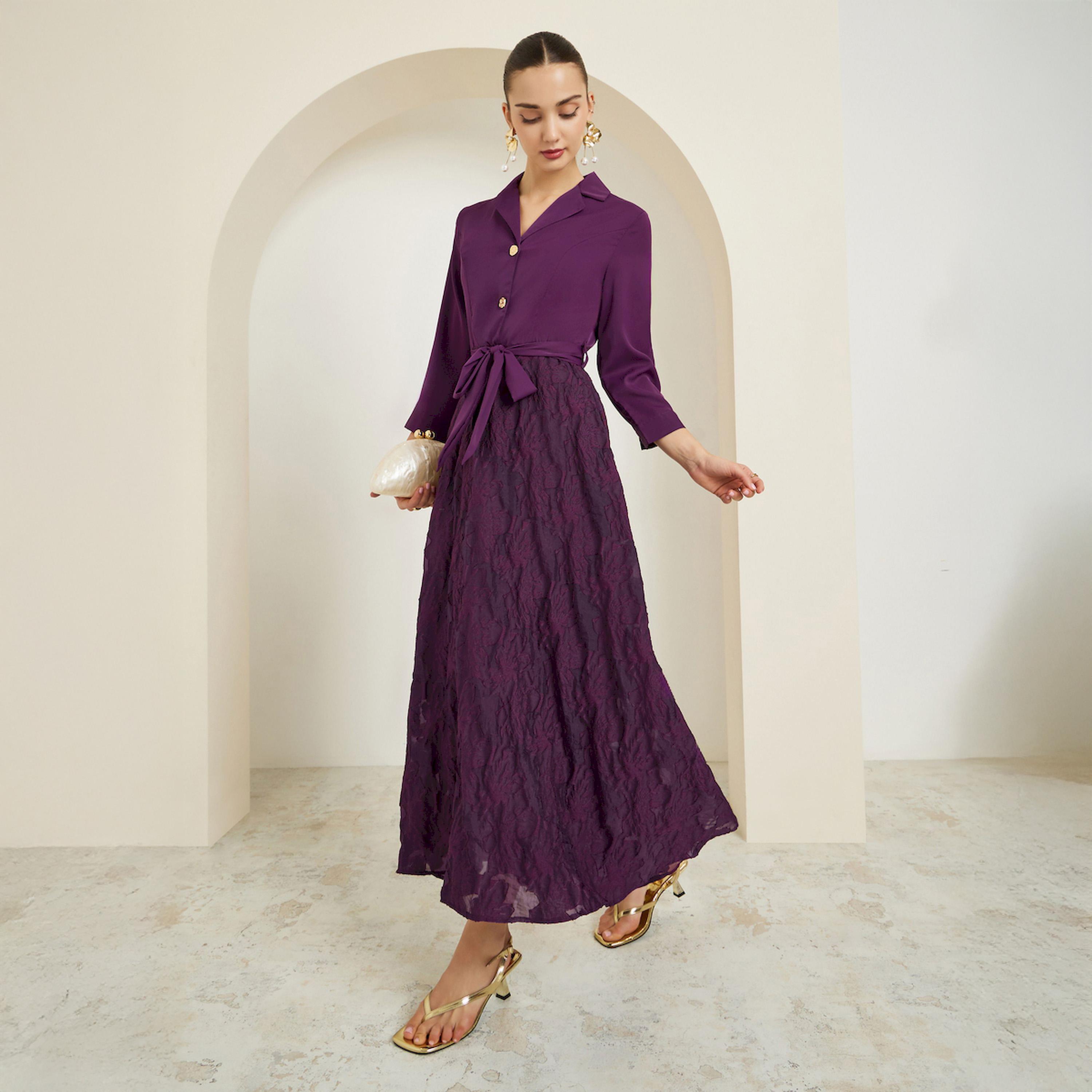 Styli Purple Jacquard Buttoned Maxi Dress with 3/4 Sleeves-women-clothing-dresses-image-1