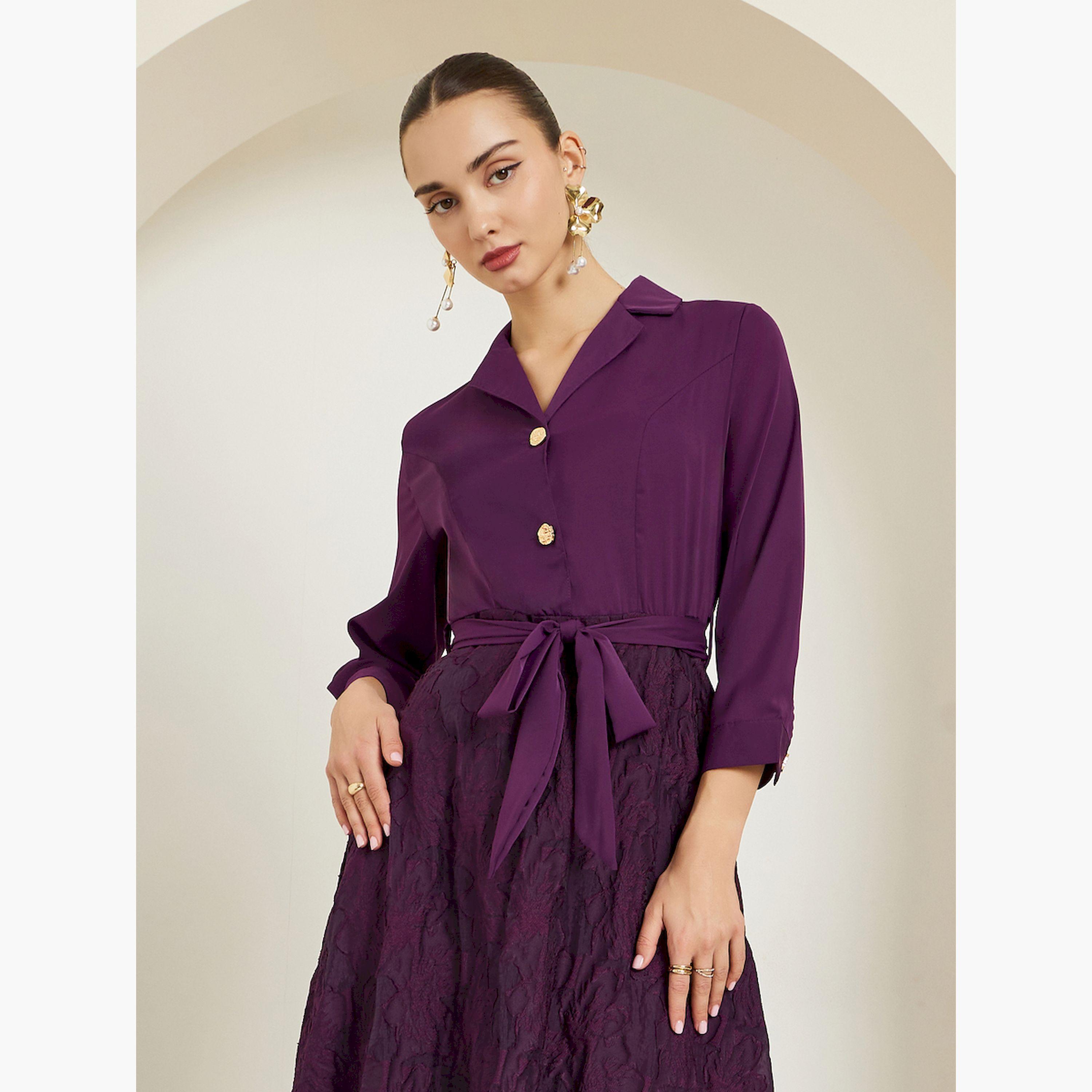 Styli Purple Jacquard Buttoned Maxi Dress with 3/4 Sleeves-women-clothing-dresses-image-2
