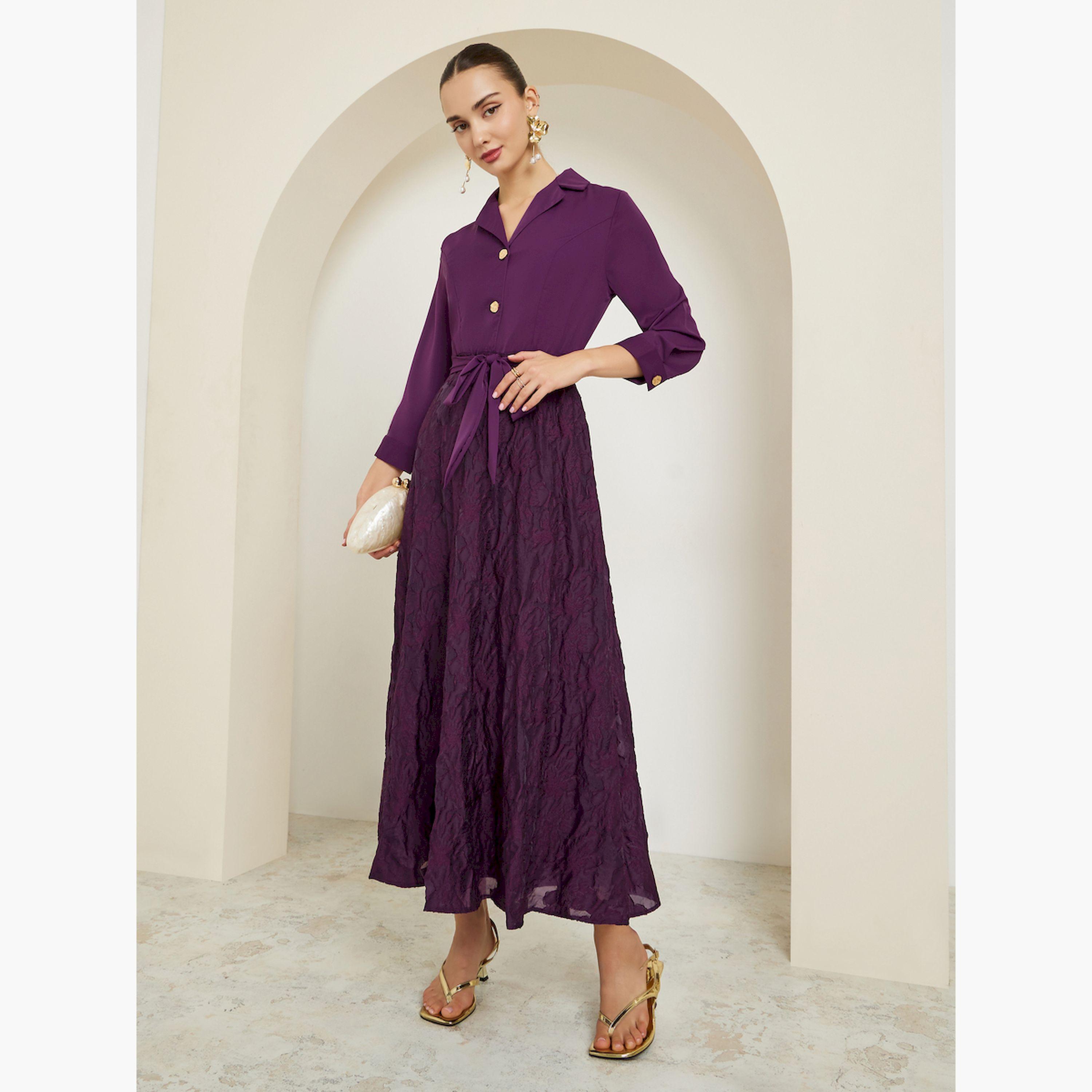 Styli Purple Jacquard Buttoned Maxi Dress with 3/4 Sleeves-women-clothing-dresses-image-3